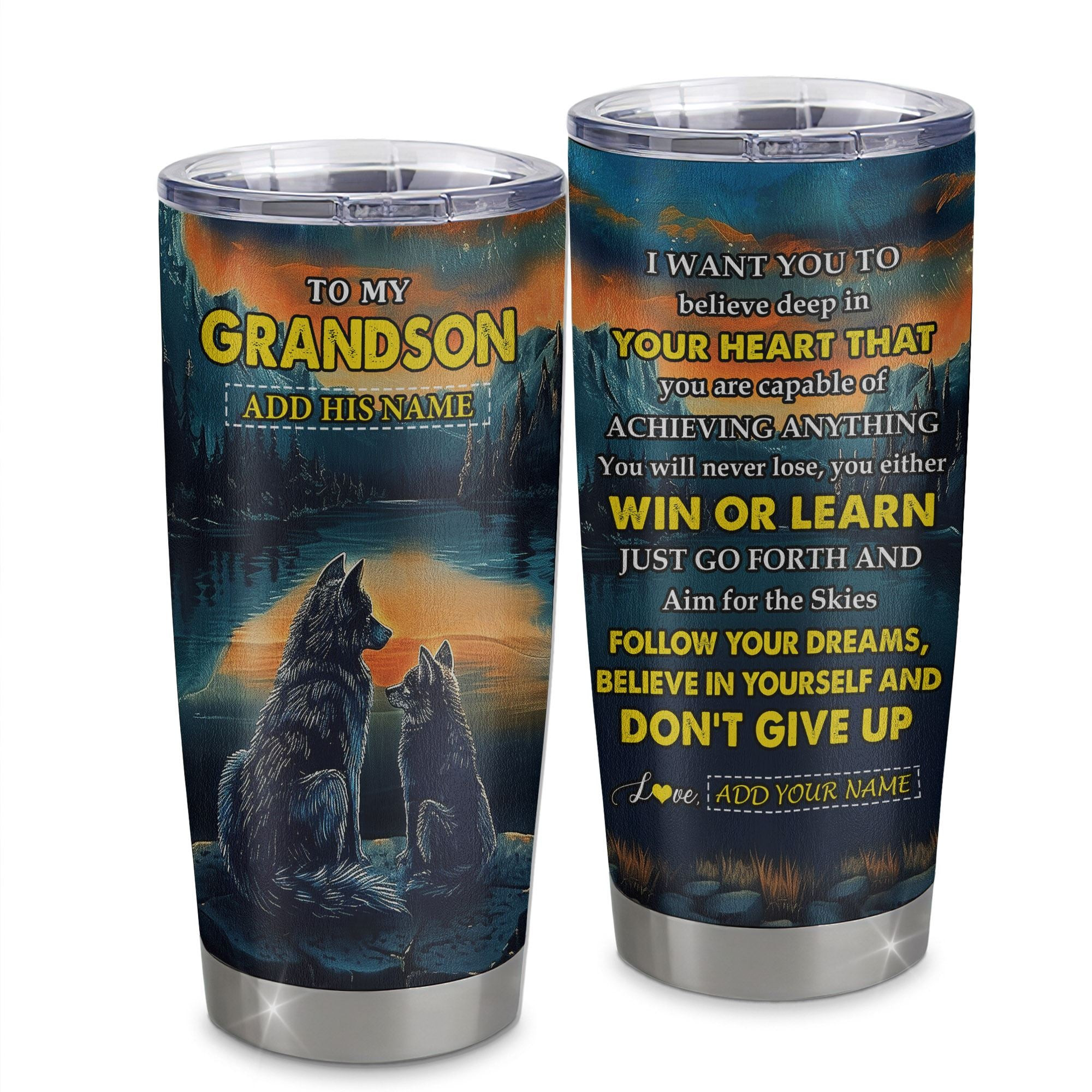 Personalized To My Grandson Gifts From Grandma Grandpa Tumbler Don't Give Up Wolf Gifts For Grandson Birthday Graduation Gift