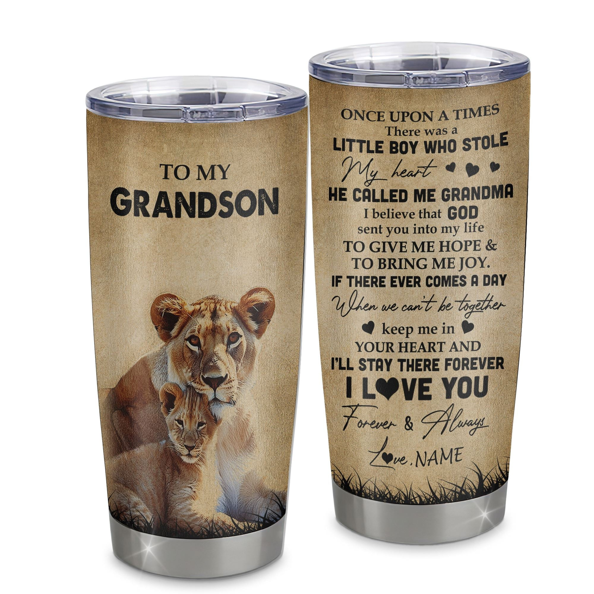 Personalized To My Grandson Lion Tumbler From Grandma Stainless Steel Cup I'll Stay There Forever Grandson Birthday Graduation Gift