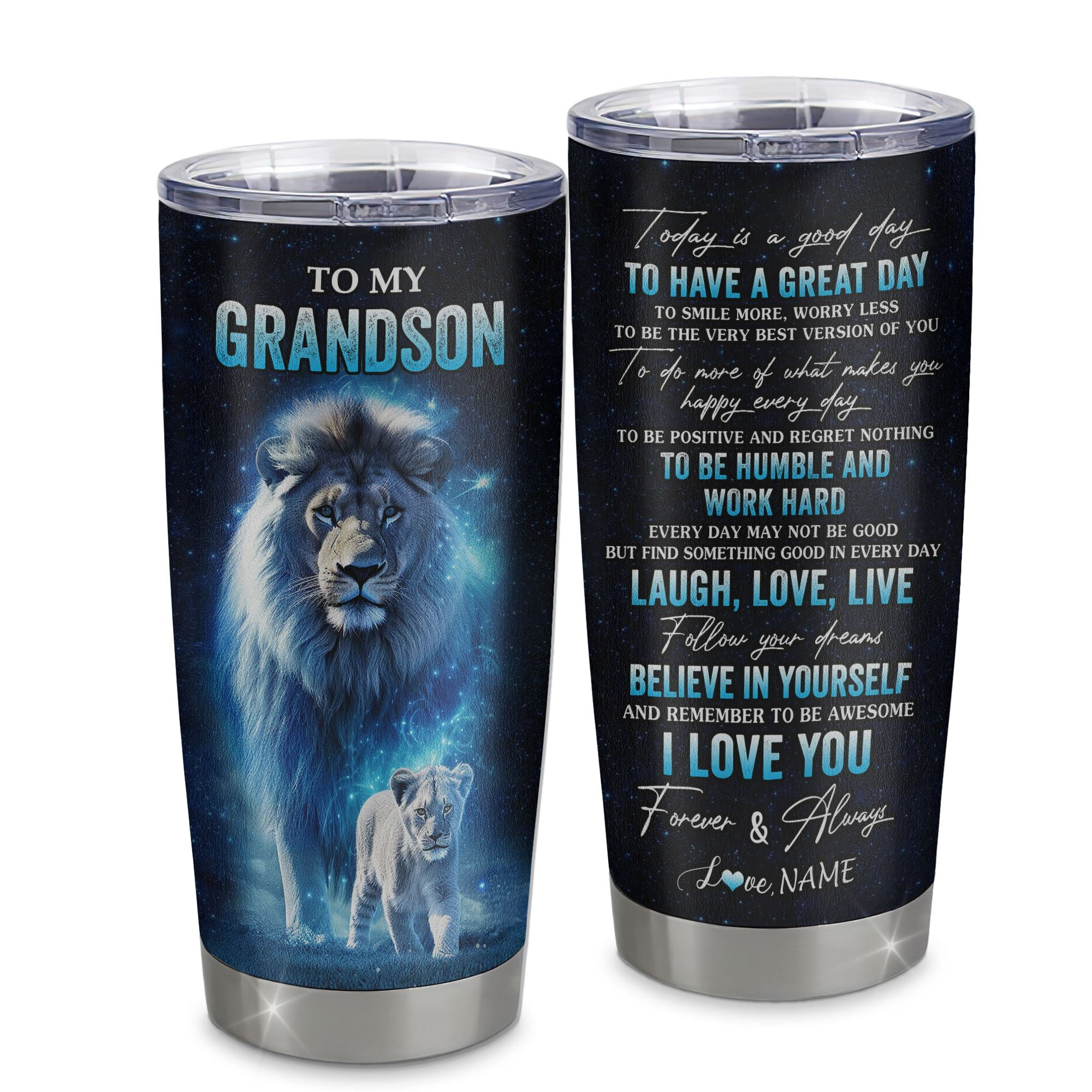 Personalized To My Grandson Lion Tumbler From Papa Grandpa Stainless Steel Cup Today Is A Good Day Grandson Gifts Birthday Graduation Gift