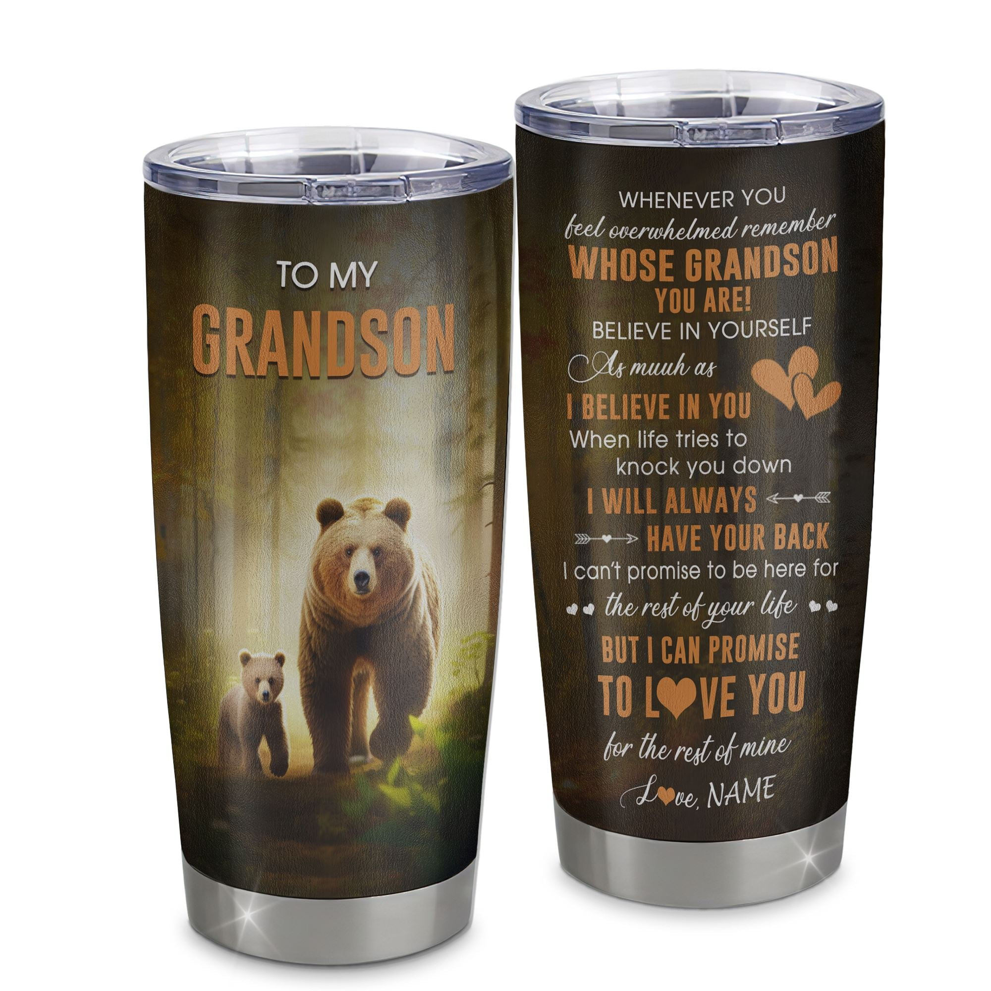 Personalized To My Grandson Tumbler From Grandma Grandpa Stainless Steel Cup Whenever You Feel Bear Grandson Birthday Gifts Graduation Gift