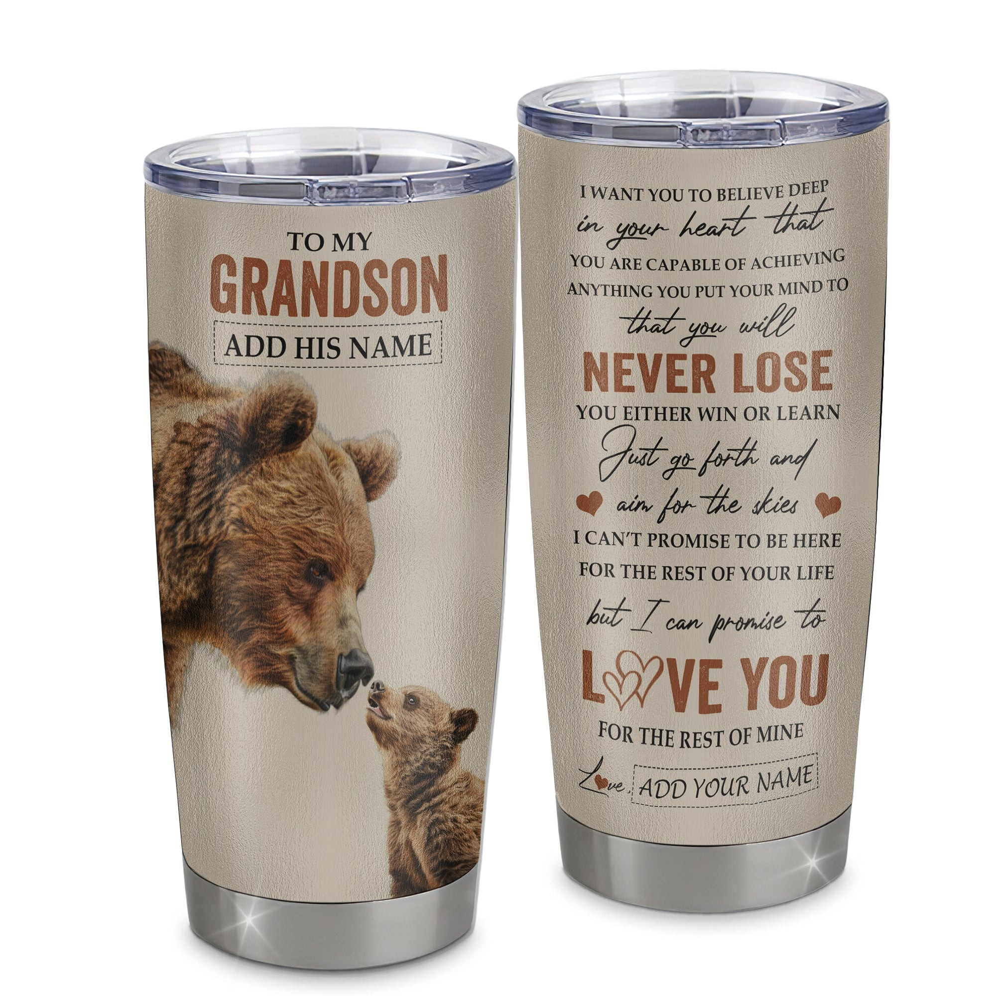Personalized To My Grandson Tumbler From Grandma Grandpa You Will Never Lose Bear Grandson Birthday Gifts Graduation Gift