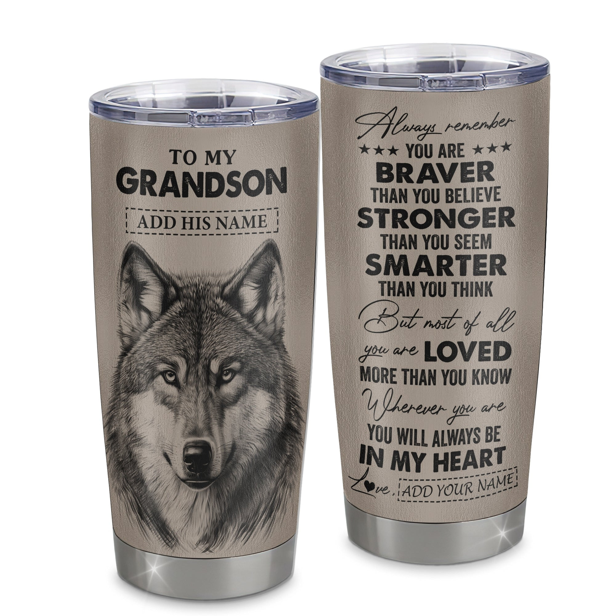 Personalized To My Grandson Tumbler From Grandma Nana Wolf Braver Stronger Smarter Grandson Birthday Graduation Gift