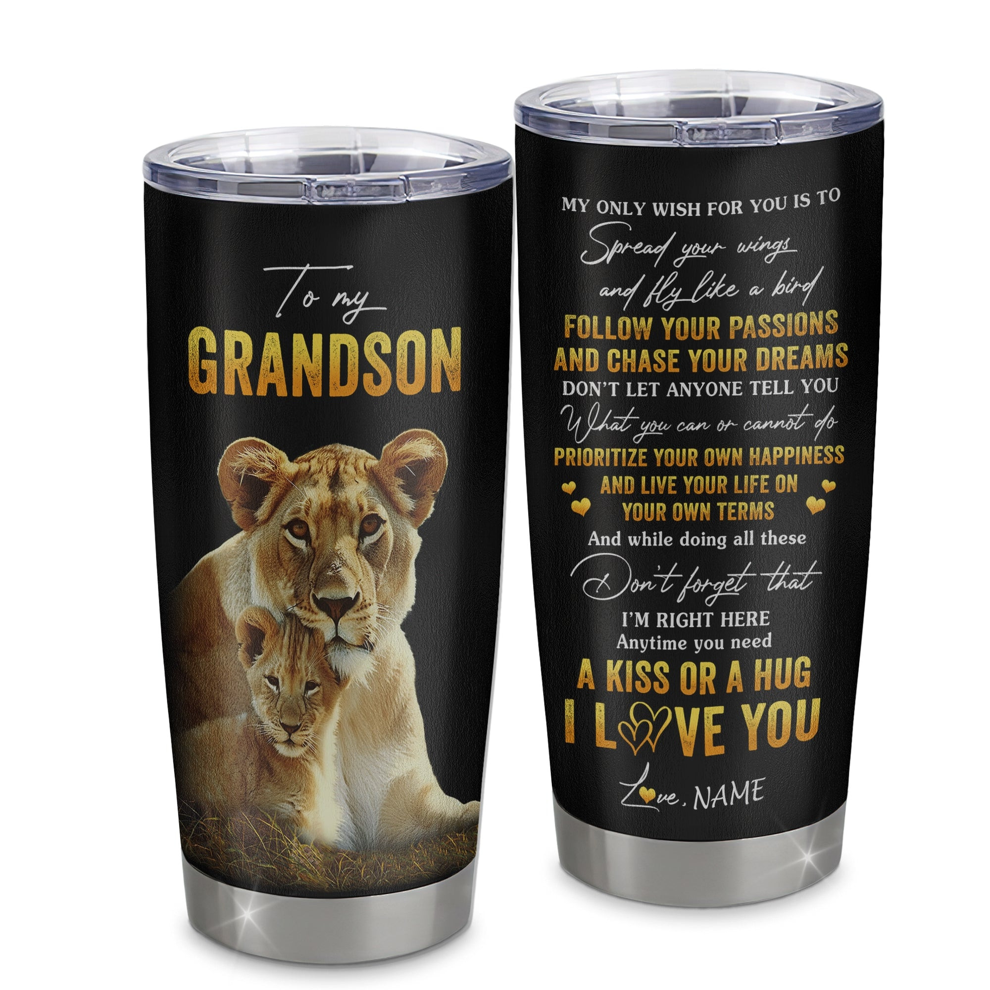 Personalized To My Grandson Tumbler From Grandma Stainless Steel Cup Lion My Only Wish For You Grandson Birthday Graduation Gift