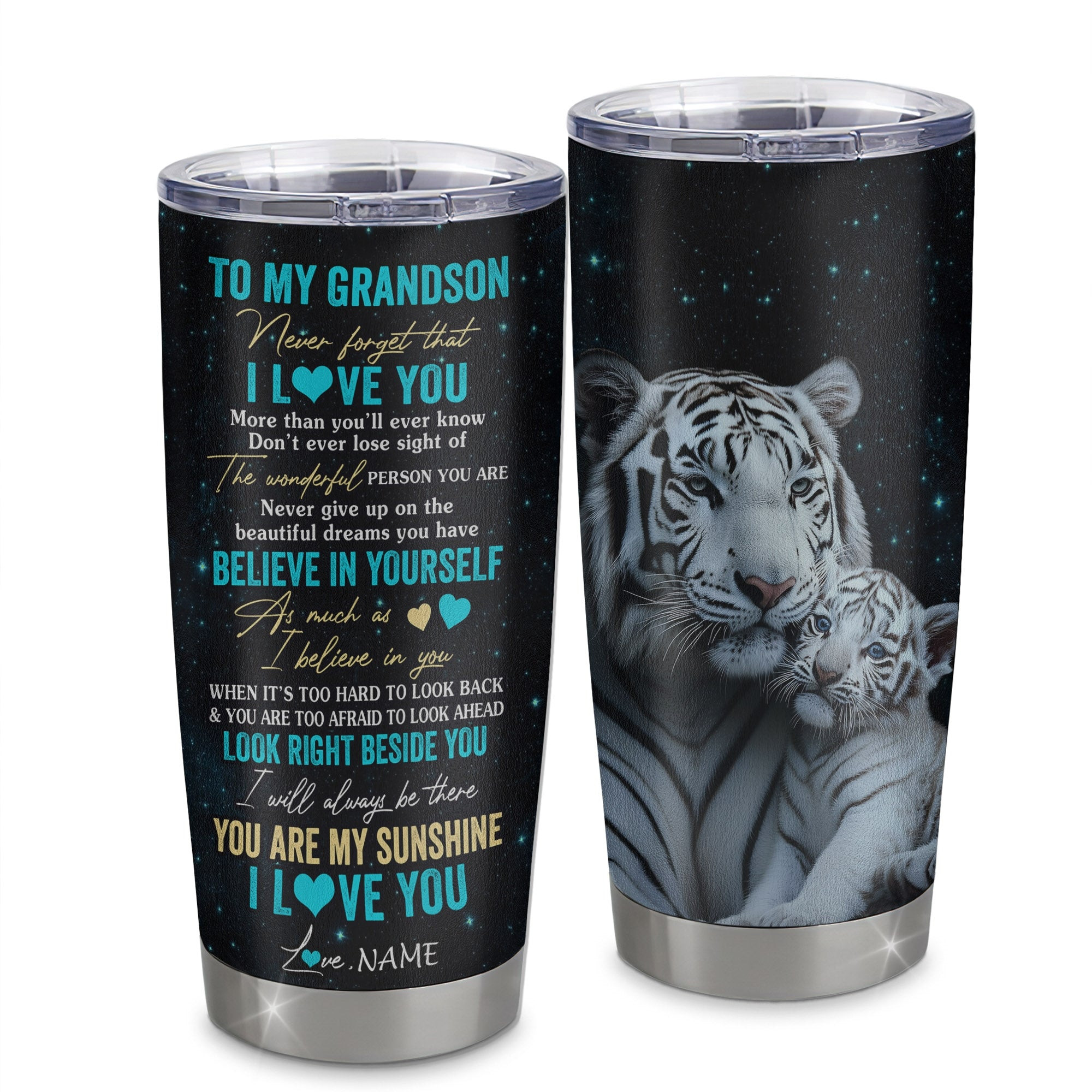 Personalized To My Grandson Tumbler From Grandma Stainless Steel Cup Never Forget I Love You White Tiger Grandson Birthday Graduation Gift