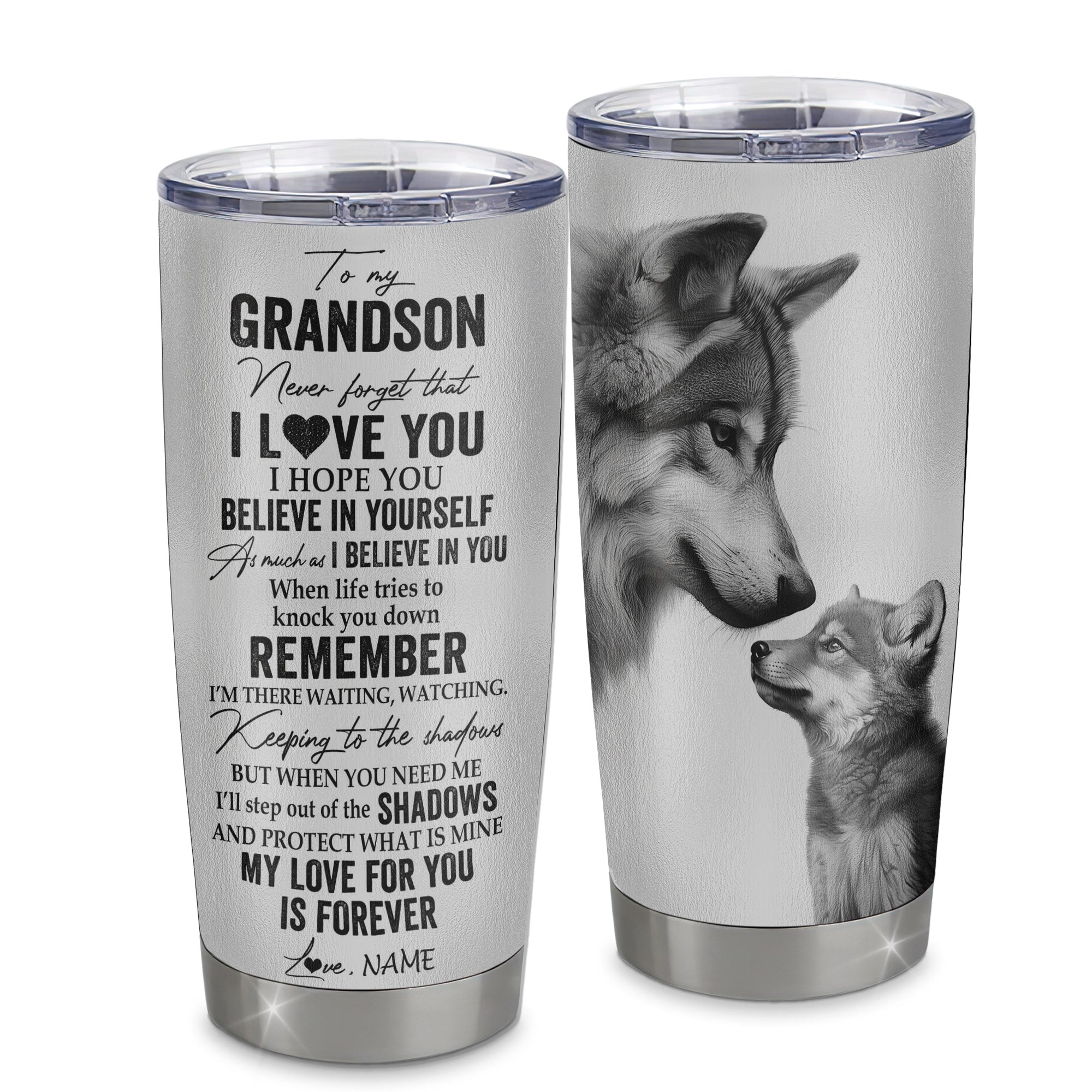 Personalized To My Grandson Tumbler From Grandpa Grandma Stainless Steel Cup Wolf My Love For You Is Forever Grandson Birthday Graduation Gift