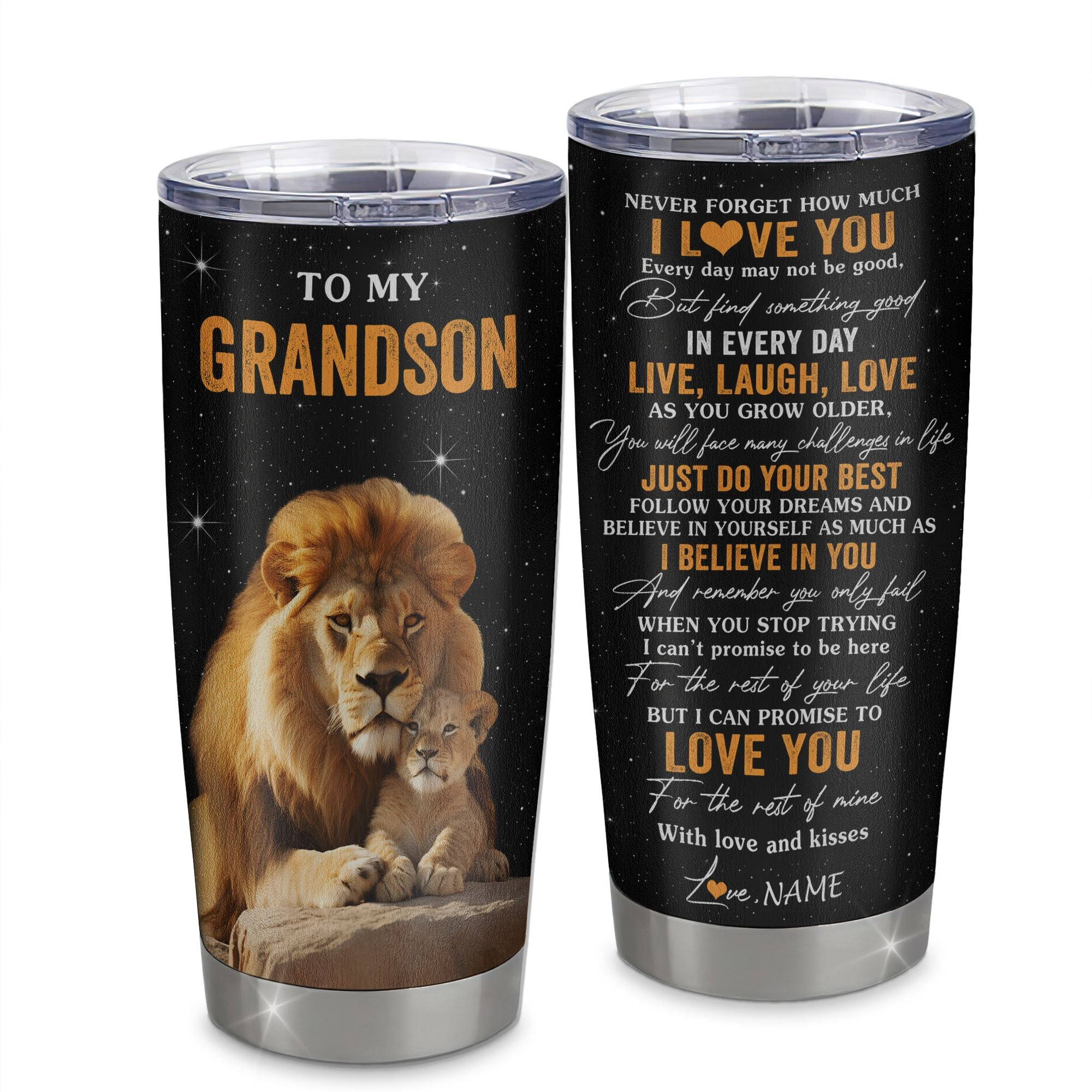 Personalized To My Grandson Tumbler From Grandpa Stainless Steel Cup Live Laugh Love Lion Grandson Birthday Gifts Positive Graduation Gift