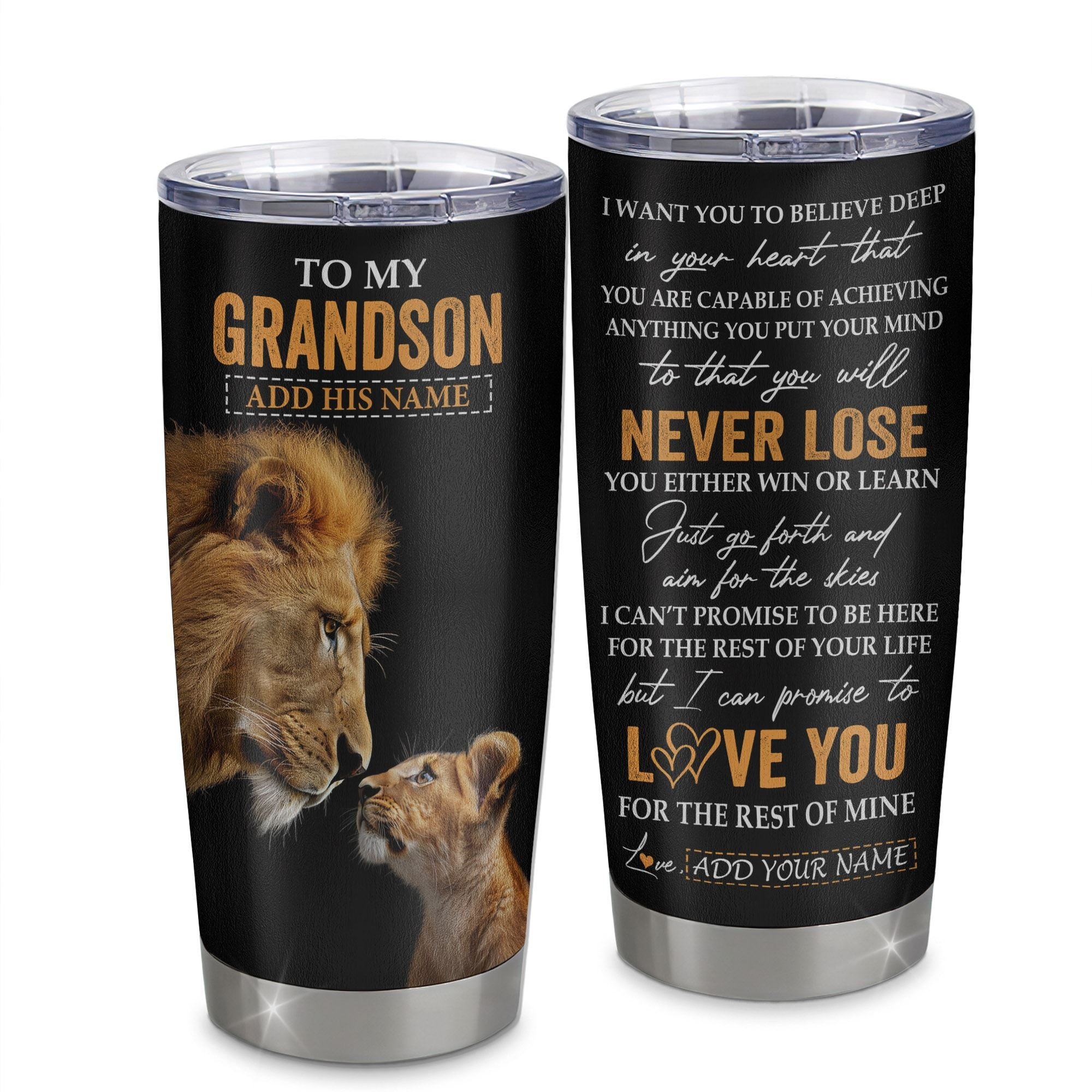 Personalized To My Grandson Tumbler From Papa Grandpa You Will Never Lose Lion Grandson Birthday Gifts Graduation Gift