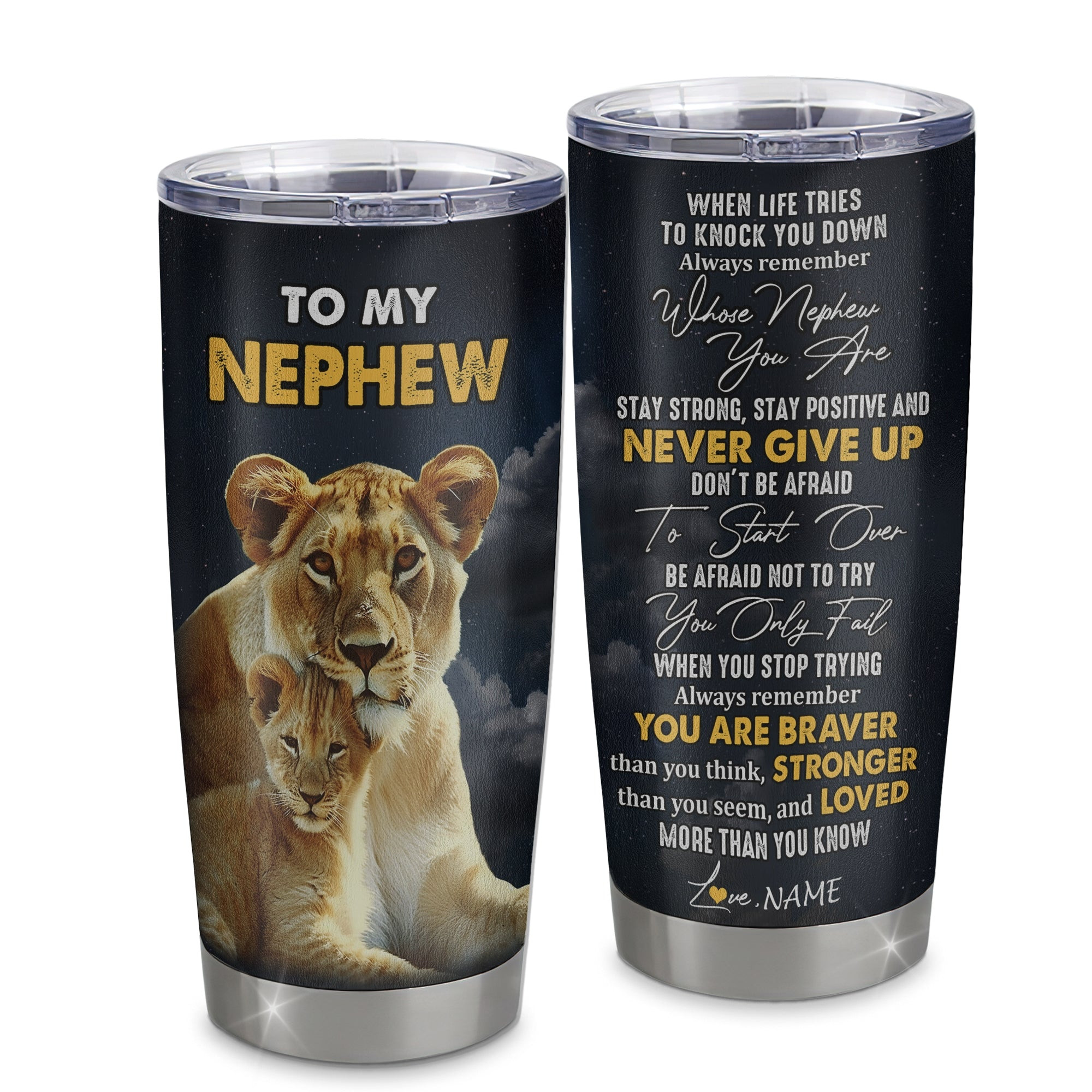Personalized To My Nephew Tumbler From Aunt Auntie Stainless Steel Cup Lion Never Give Up Nephew Birthday Graduation Gift