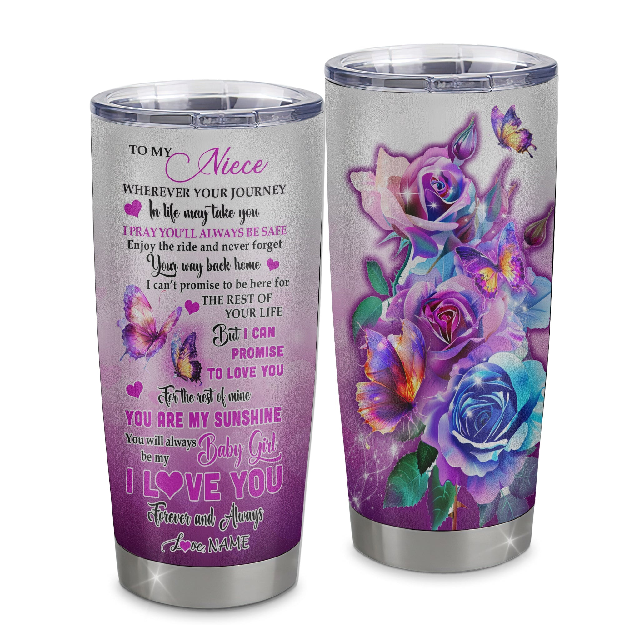 Personalized To My Niece From Aunt Auntie Uncle Stainless Steel Tumbler Cup Wherever Your Journey In Life Butterfly Niece Birthday Graduation Gift