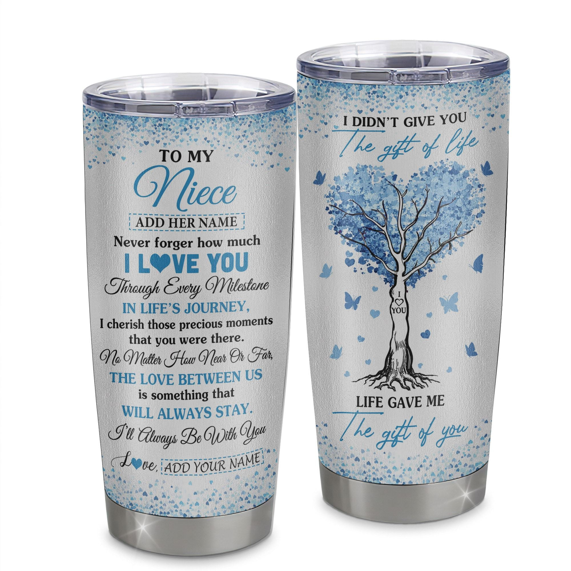 Personalized To My Niece Gifts From Aunt Uncle Auntie Tumbler Blue Tree Butterfly Birthday Gifts For Niece Graduation Gift