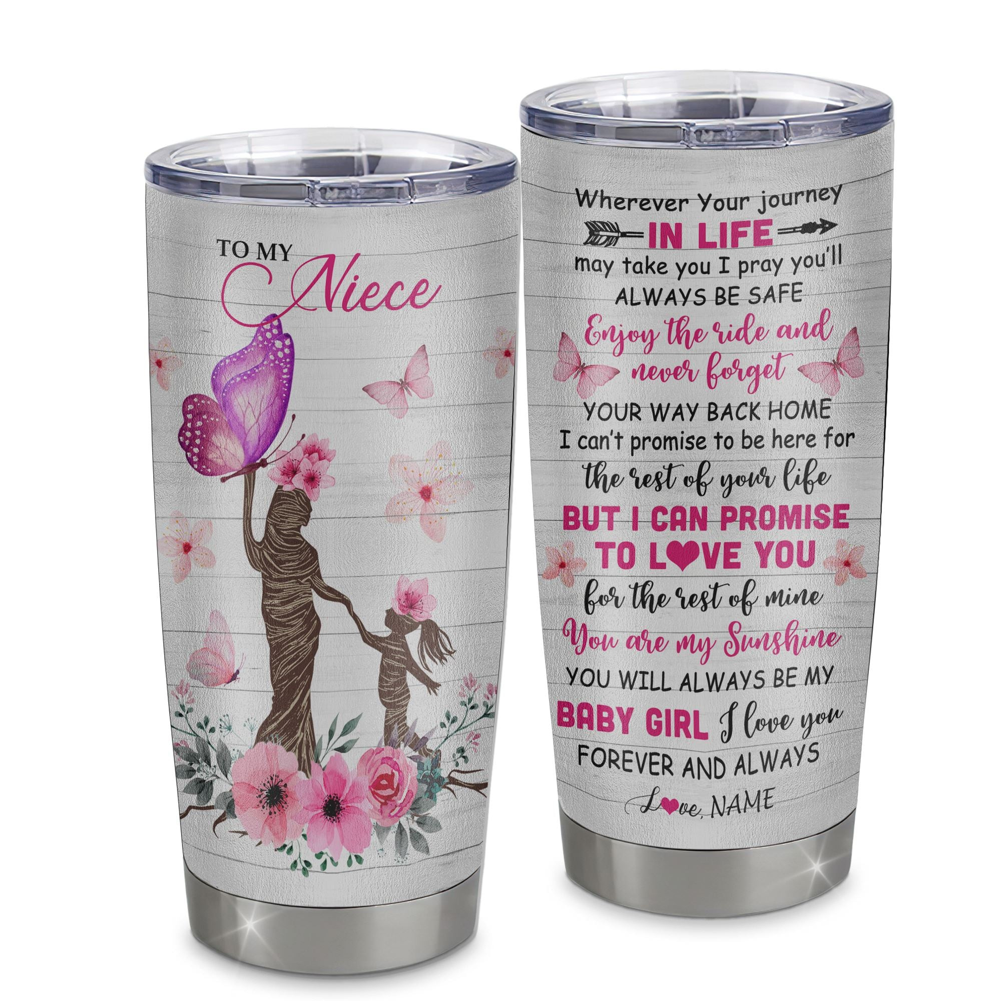 Personalized To My Niece Tumbler From Aunt Auntie Stainless Steel Cup Wherever Your Journey Tree Butterfly Niece Birthday Graduation Gift