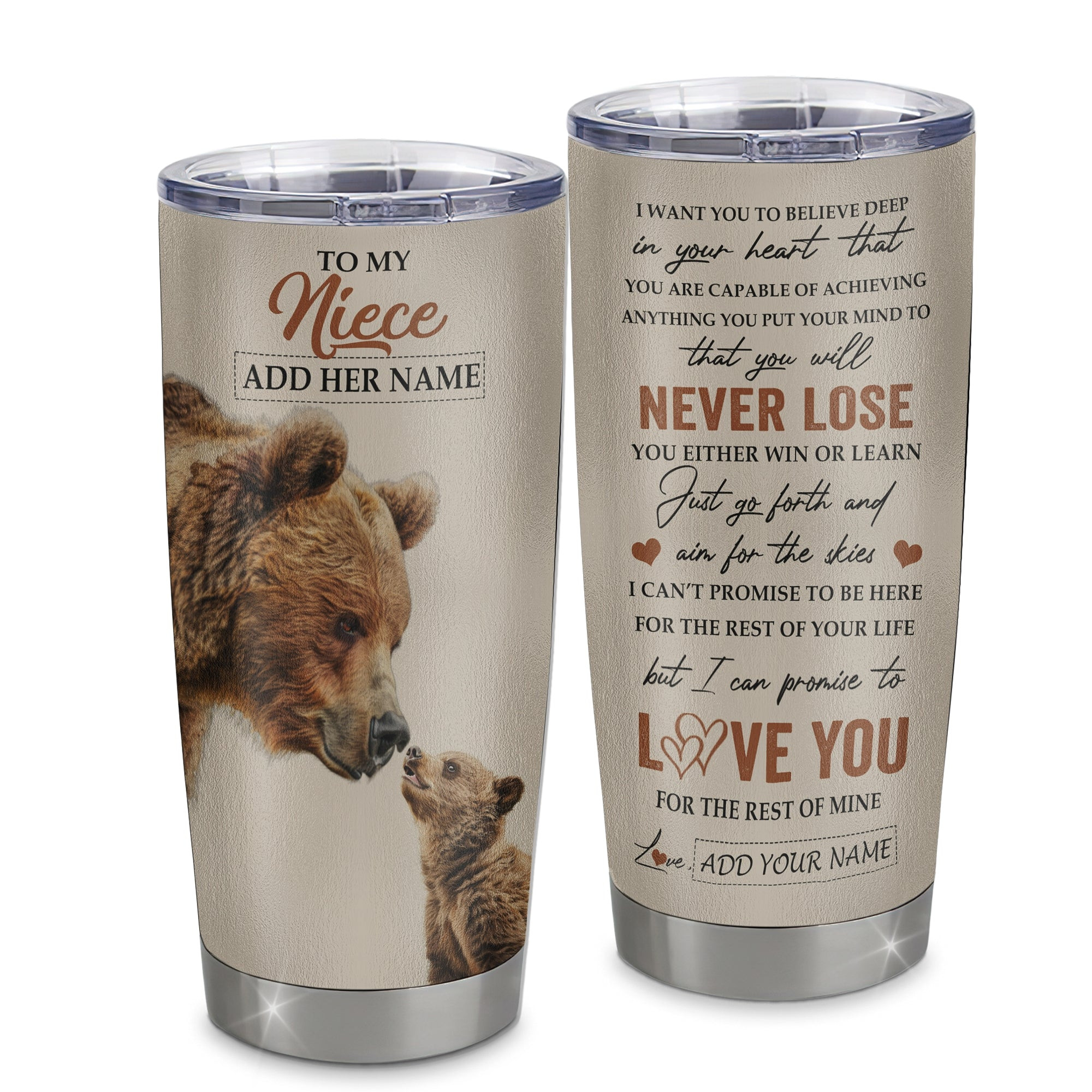 Personalized To My Niece Tumbler From Aunt Uncle Auntie You Will Never Lose Bear Niece Birthday Gifts Graduation Gift