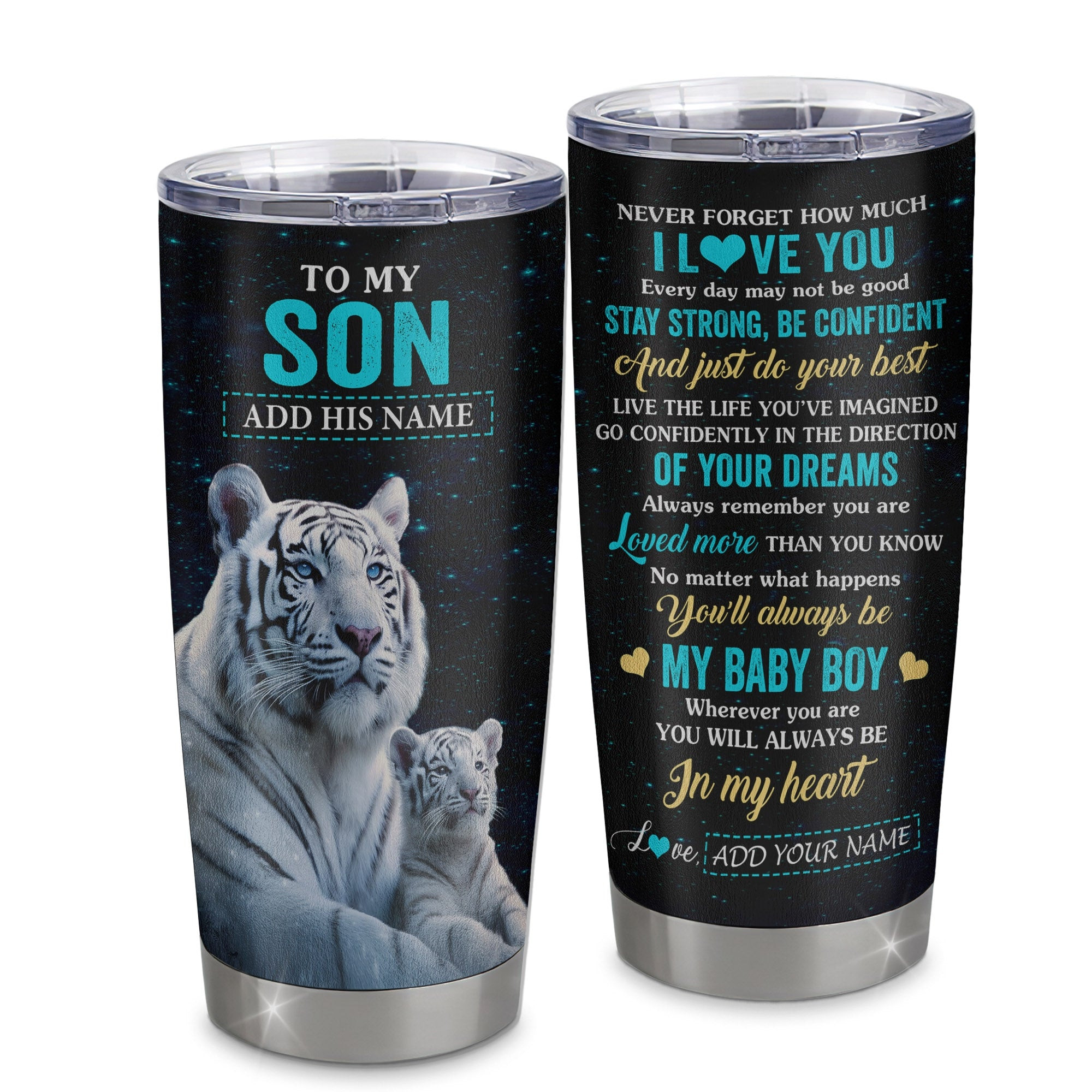 Personalized To My Son Gifts From Mom Dad Mother Tumbler White Tiger Never Forget How Much I Love You Son Birthday Graduation Gift