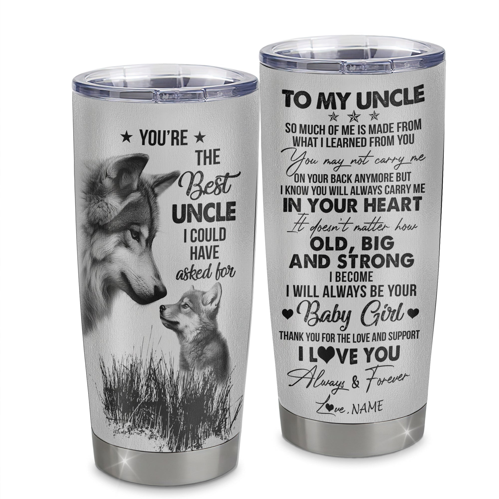 Personalized To My Uncle From Niece Stainless Steel Tumbler Cup Wolf Always Be Your Little Girl Uncle Fathers Day Birthday Gift