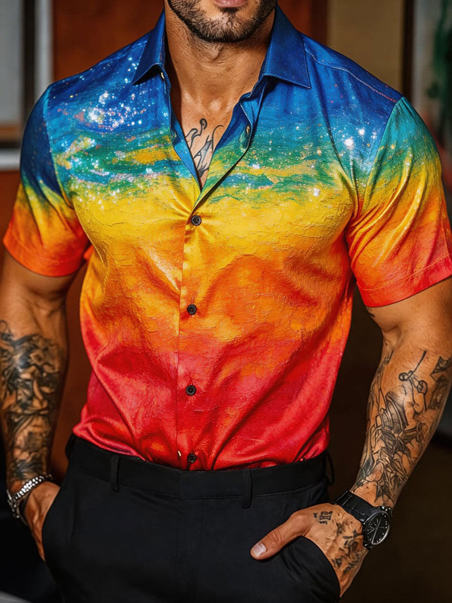 Rainbow Gradient Button Shirt Short Sleeve Pride Colors Apparel Gift For Kind Souls
