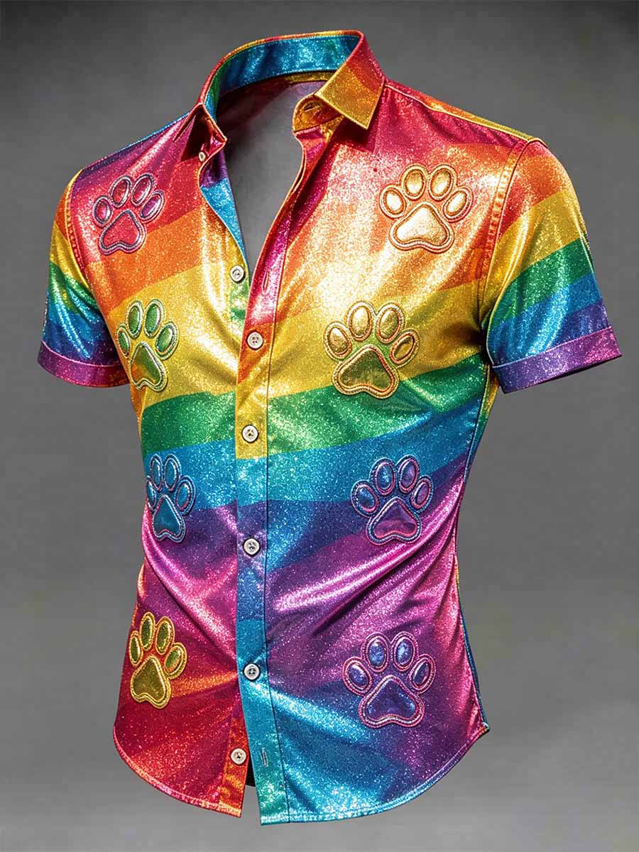Rainbow Paw Print Button Shirt Short Sleeve Pride Inclusion Merch Gift For Proud Parents