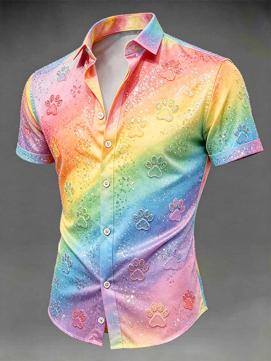 Rainbow Paw Prints Button Shirt Pride Merchandise Gift For Change Makers