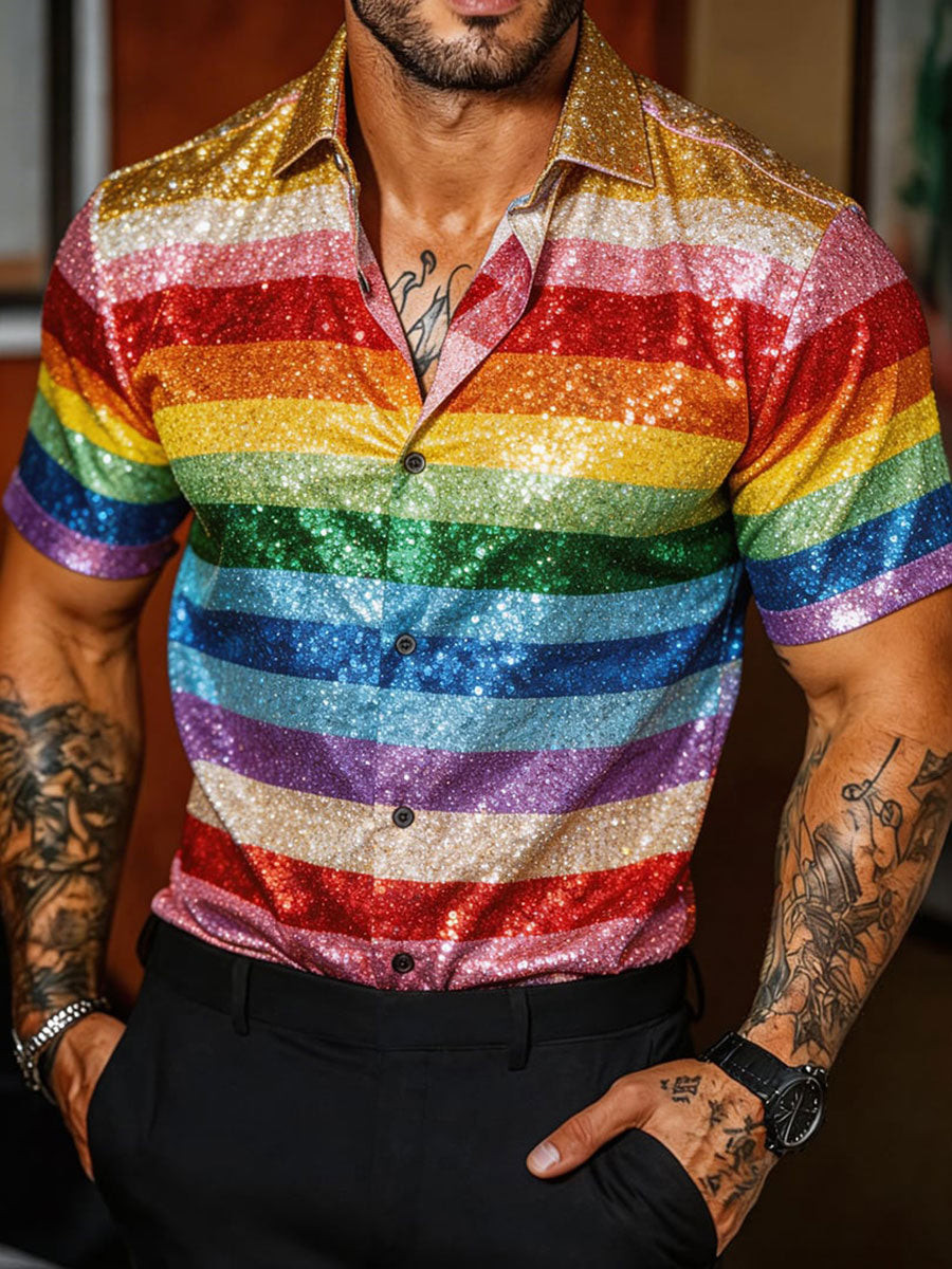 Rainbow Sparkle Button Shirt Pride Colors Clothing Gift For Soul Brothers