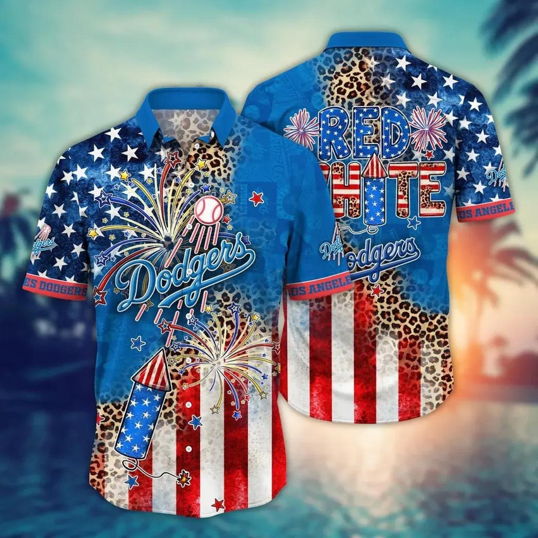 Red White And Dodgers Hawaiian Shirt Fireworks American Flag 4Th Of July Holiday Gifts