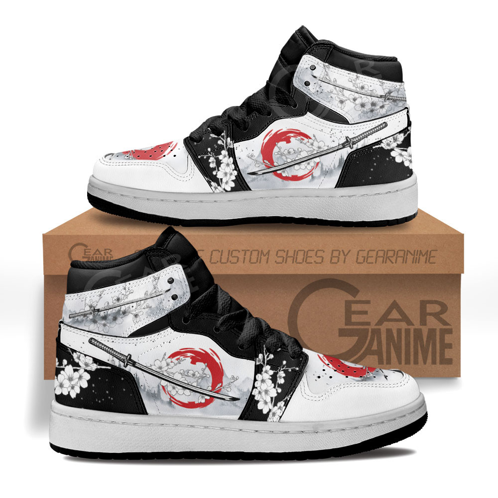 Sakura and Katana Custom Anime Kids High-Top Leather Sneakers Japanese Style