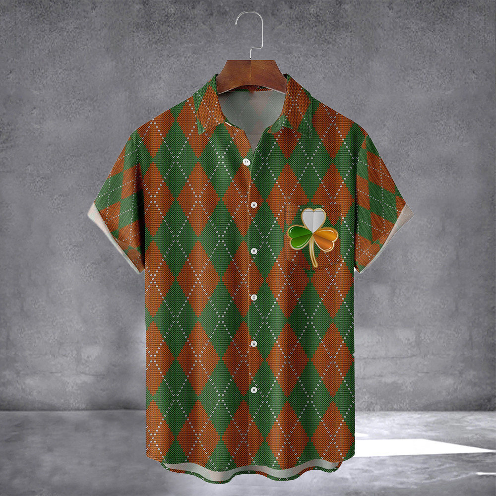 Shamrock Irish Themed Argyle Pattern Hawaiian Shirt With Pocket St Patrick's Day Shirt