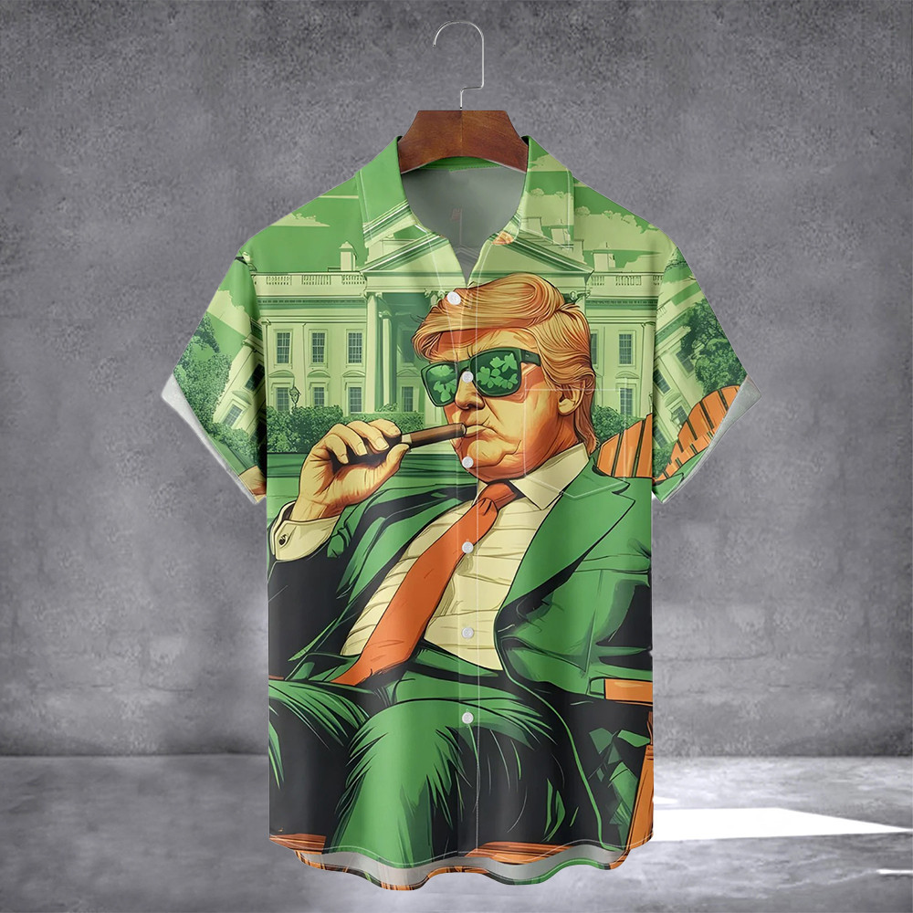 Shamrock Trump Hawaiian Shirt With Pocket St Patrick's Day Shirt Gifts For Brother