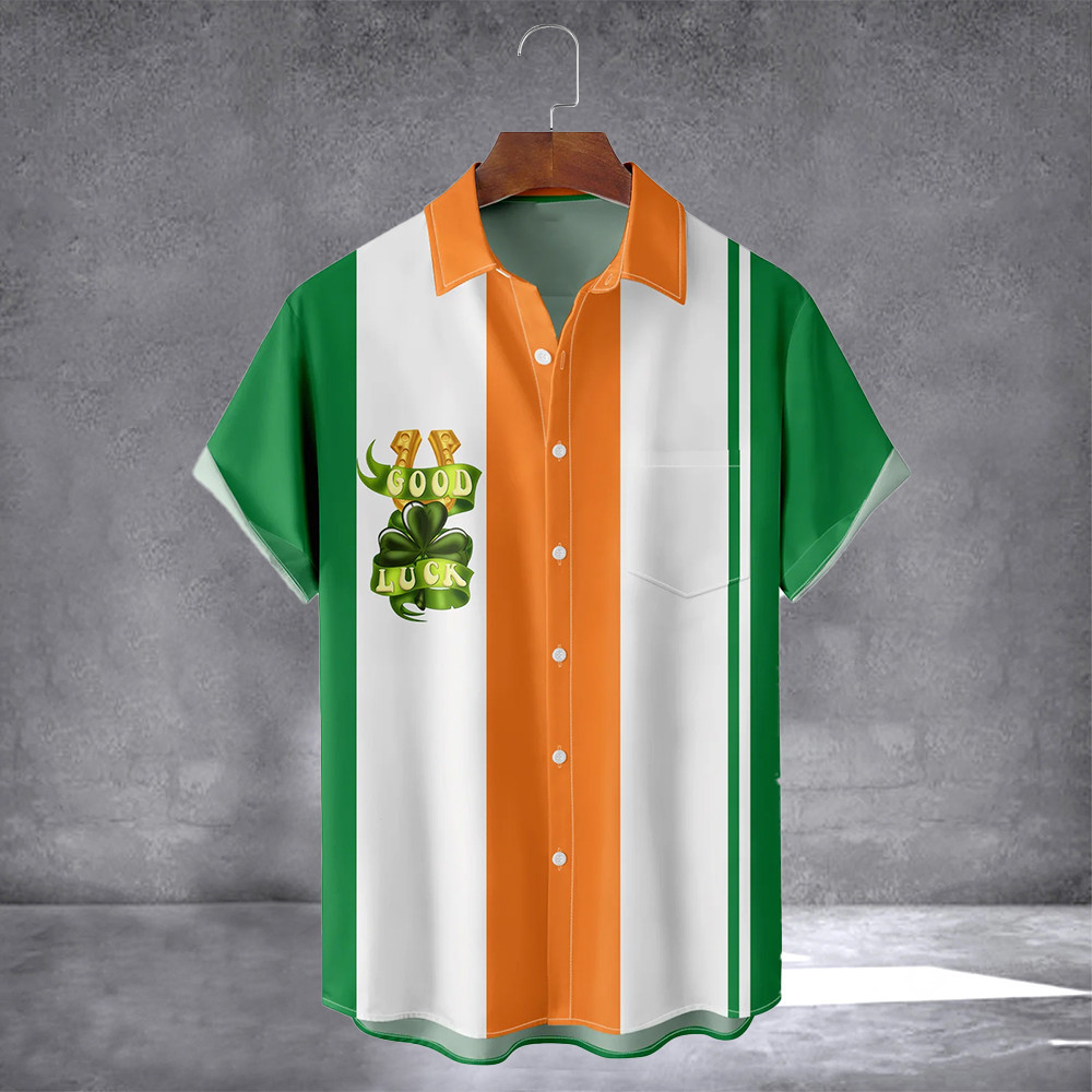 St Patrick's Day Irish Flag Hawaiian Shirt With Pocket Good Luck Holiday Short Sleeve Shirt