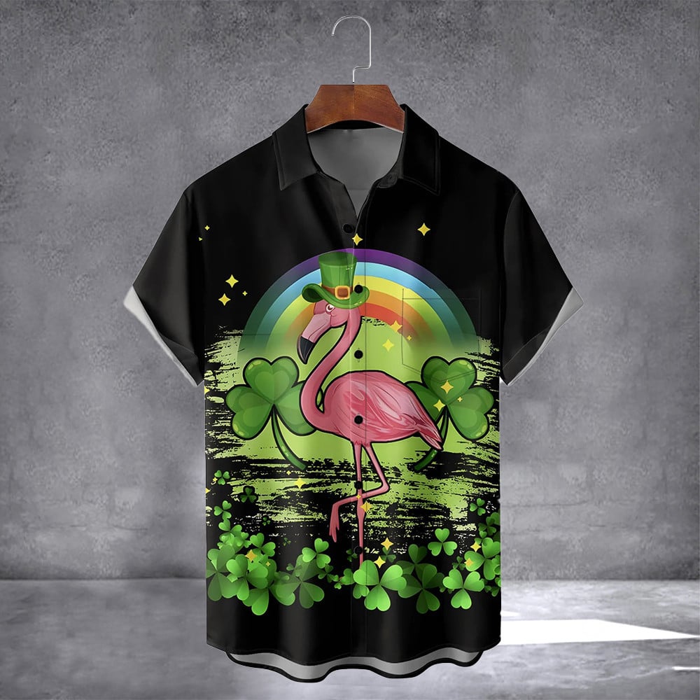 St Patrick's Day Shamrock And Flamingo Hawaiian Shirt With Pocket Flamingo Lover Irish Shirt