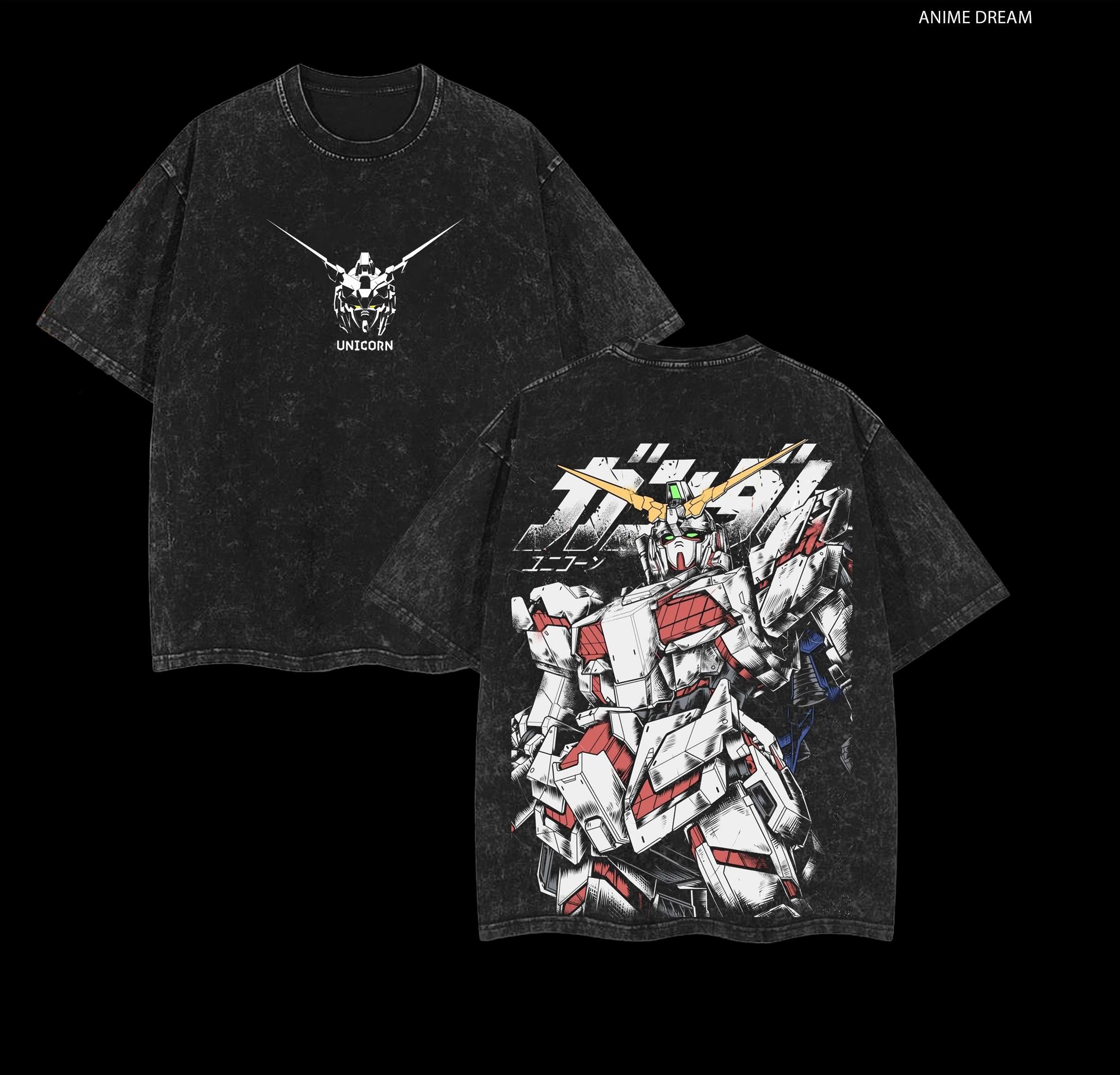 Unicorn Gundam - Mobile Suit Gundam Anime Double Printed Vintage Washed Tee Unisex Oversize Anime Manga Washed Heavyweight Cotton T-shirt, Gift For Anime Fan, Anime Lover