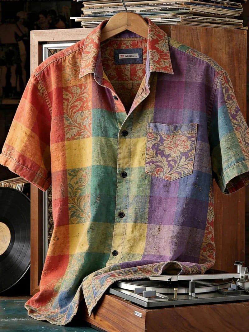 Vintage Patchwork Floral Button Shirt Vibrant Rainbow Plaid With Paisley Clothing Gift Ideas