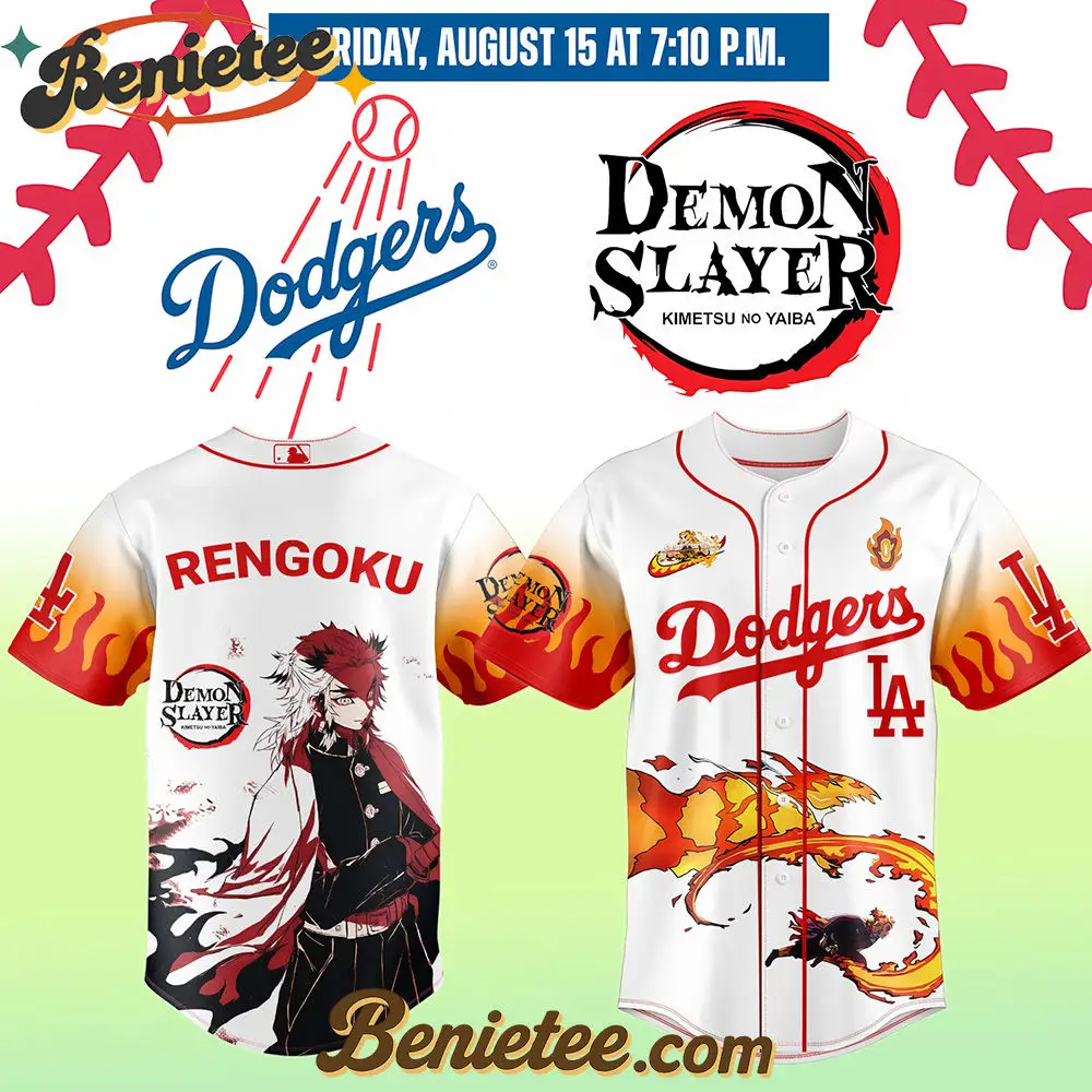 All Team MLB Los Angeles Dodgers x Demon Slayer Rengoku Kyōjurō Baseball Jersey 2025, Custom Anime Trending, Gift For Anime Lovers - Benietee Shop