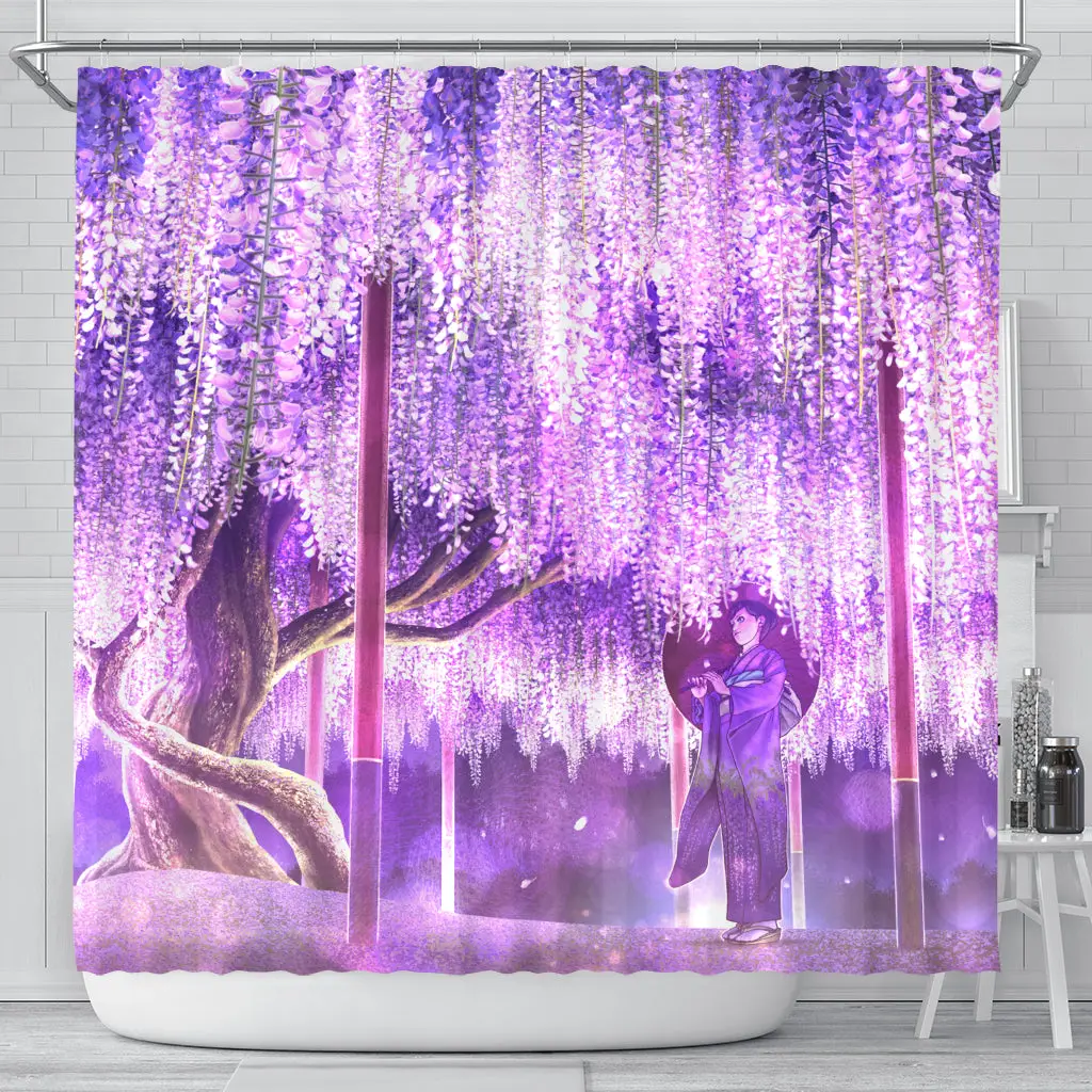 Anime Girl Under Blossom Tree Shower Curtain