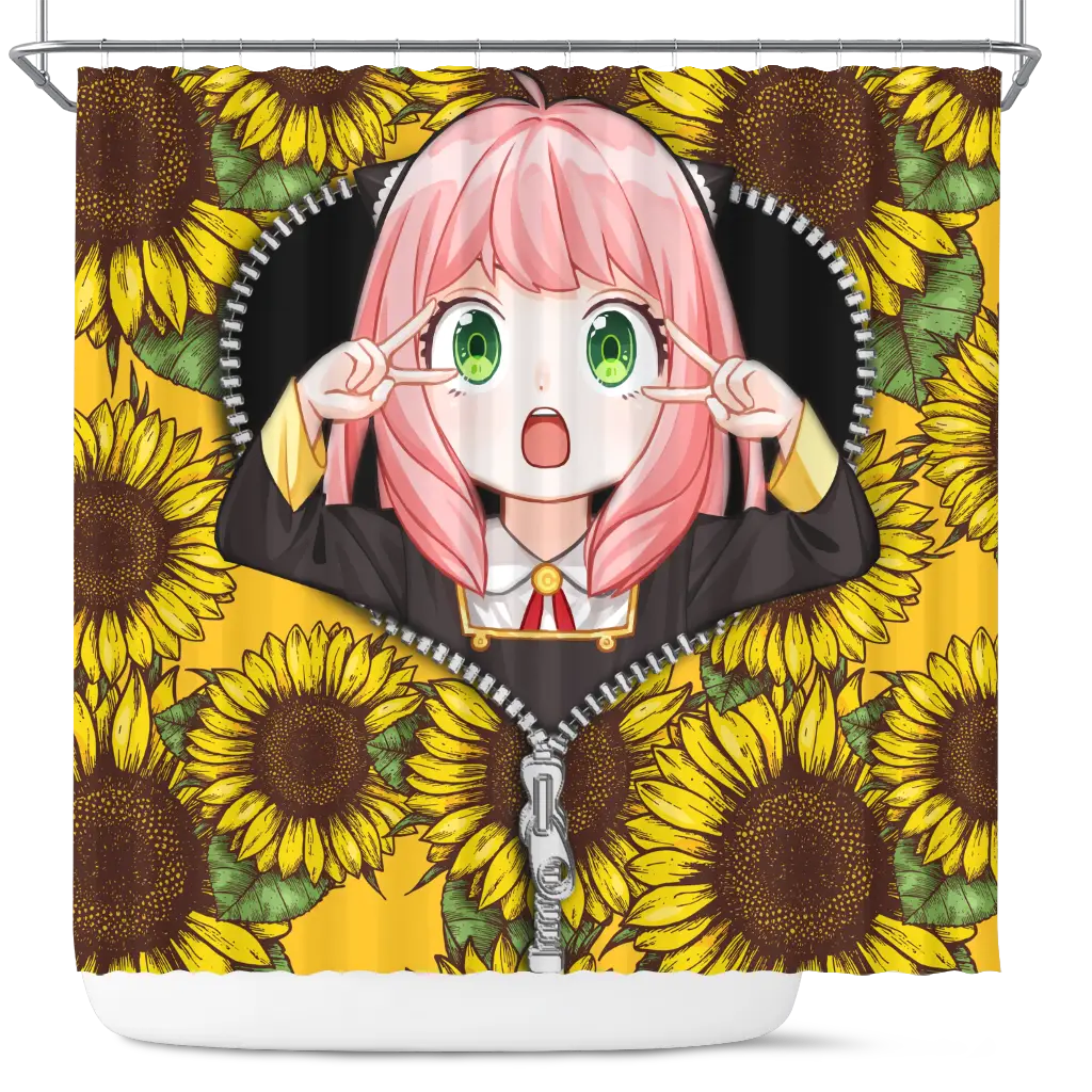 Anya Spy X Family Sunflower Zipper Anime Shower Curtain