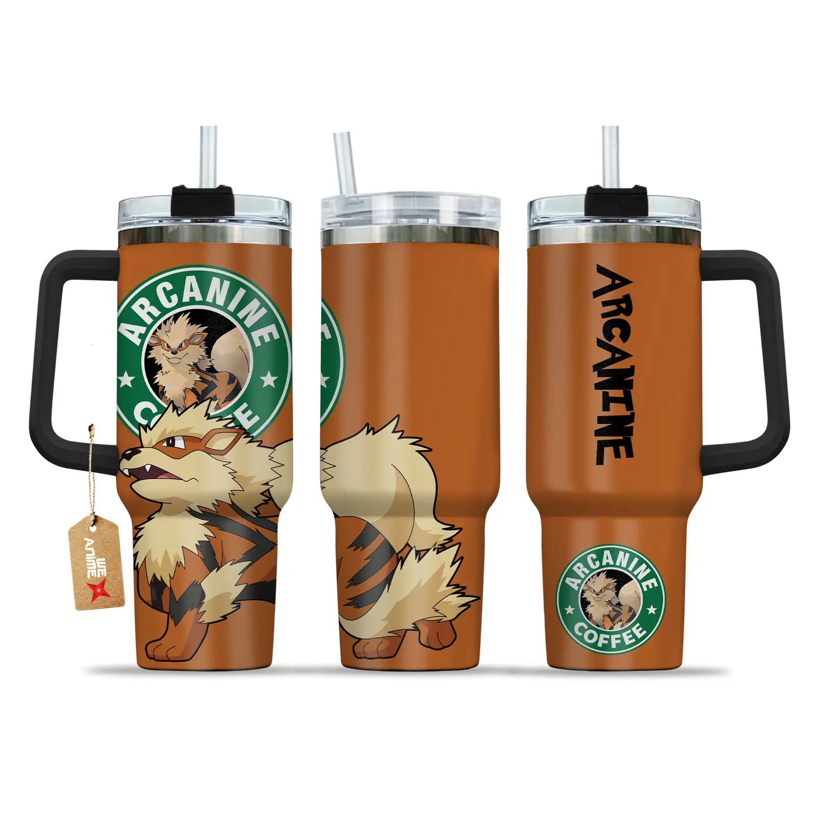 Arcanine Coffee Pokemon Anime Custom  40oz Quencher Stainless Steel Tumbler With Handle, Best Gift Idea NVA, Best Gift Idea NVA