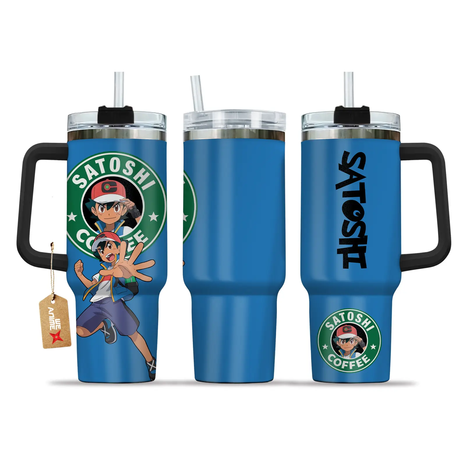 Ash Ketchum Satoshi Coffee Pokemon Anime Custom  40oz Quencher Stainless Steel Tumbler With Handle, Best Gift Idea NVA