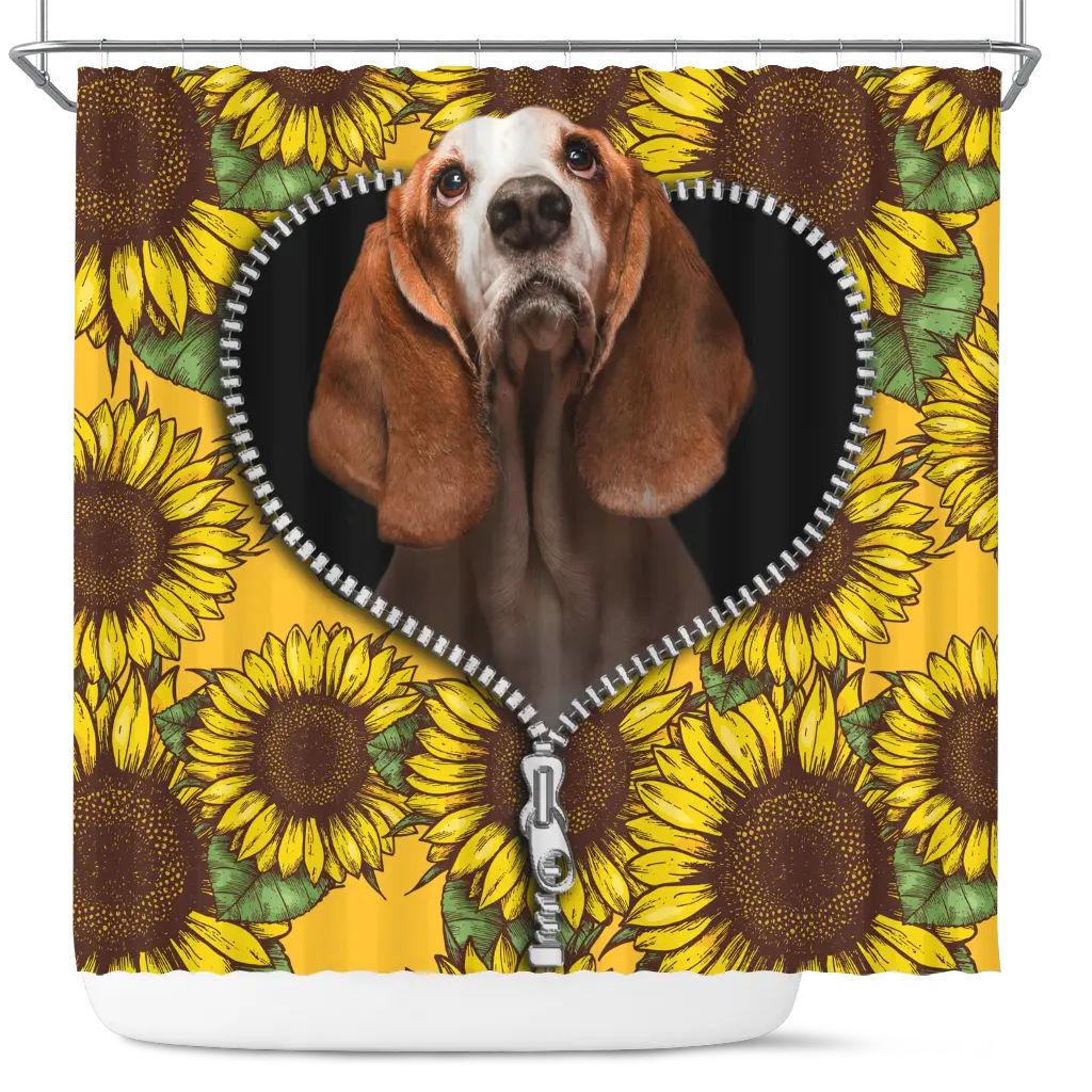 Basset Hound Sunflower Zipper Shower Curtain