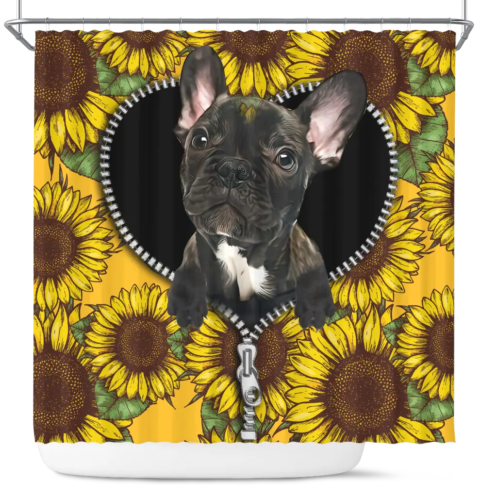 Black French Bulldog Sunflower Zipper Shower Curtain