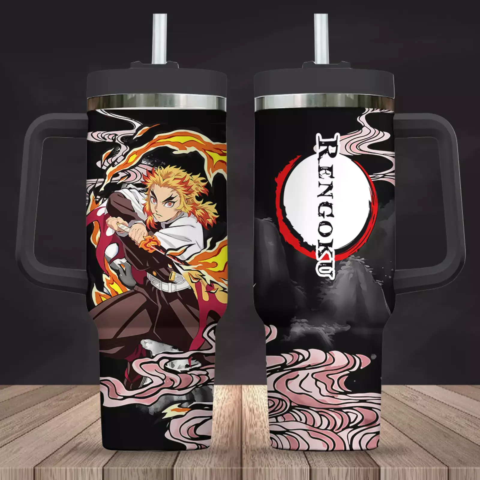 Black Kyojuro Rengoku Kimestu no Yaiba Demon Slayer  Anime Custom Quencher  40oz Stainless Steel Tumbler With Handle CP