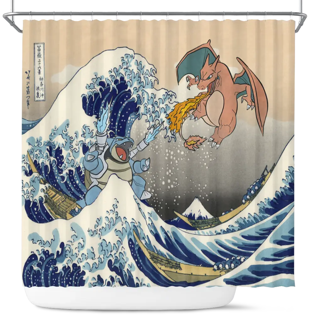 Blastoise Charizard The Great Wave Japan Shower Curtain