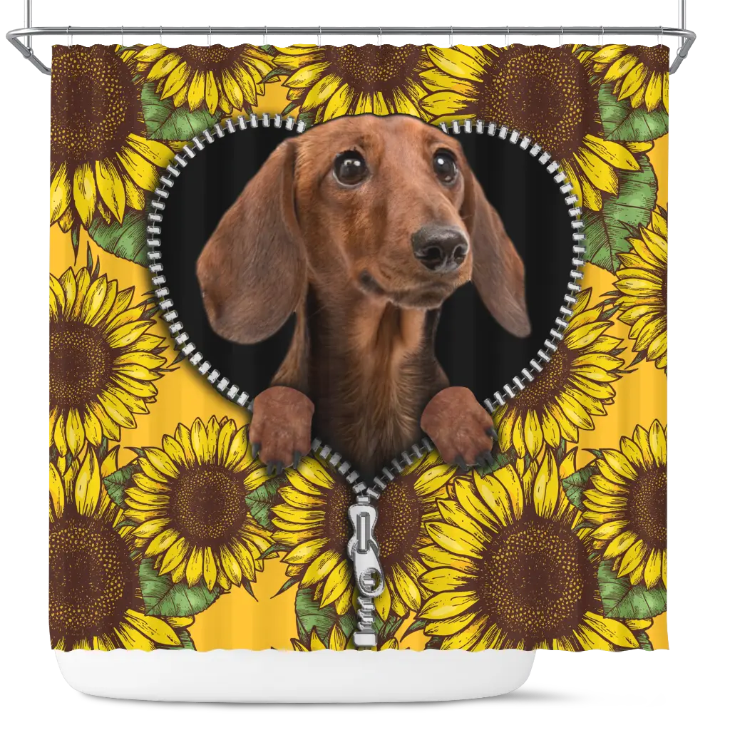 Brown Dachshund Sunflower Zipper Shower Curtain