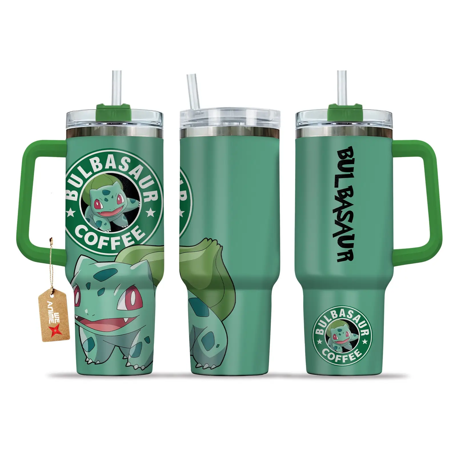 Bulbasaur Coffee Pokemon Anime Custom  40oz Quencher Stainless Steel Tumbler With Handle, Best Gift Idea NVA