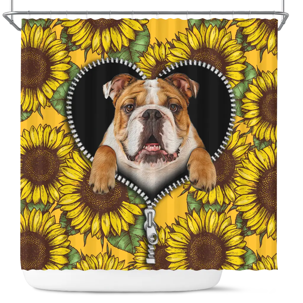 Bulldog Sunflower Zipper Shower Curtain