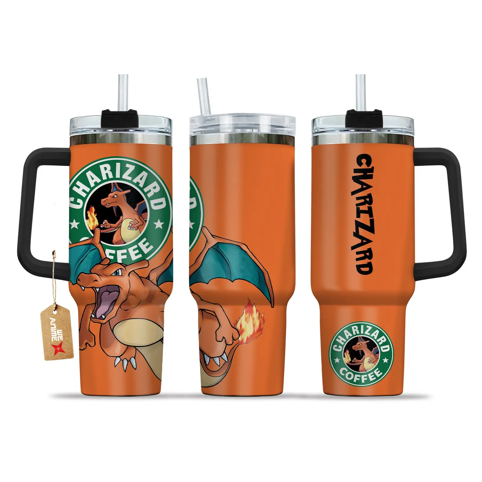 Charizard Coffee Pokemon Anime Custom  40oz Quencher Stainless Steel Tumbler With Handle, Best Gift Idea NVA