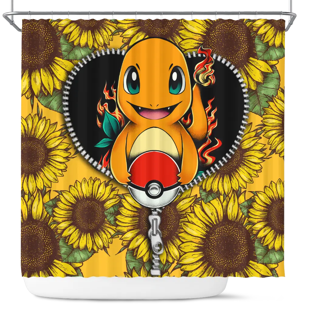 Charmander Sunflower Zipper Shower Curtain
