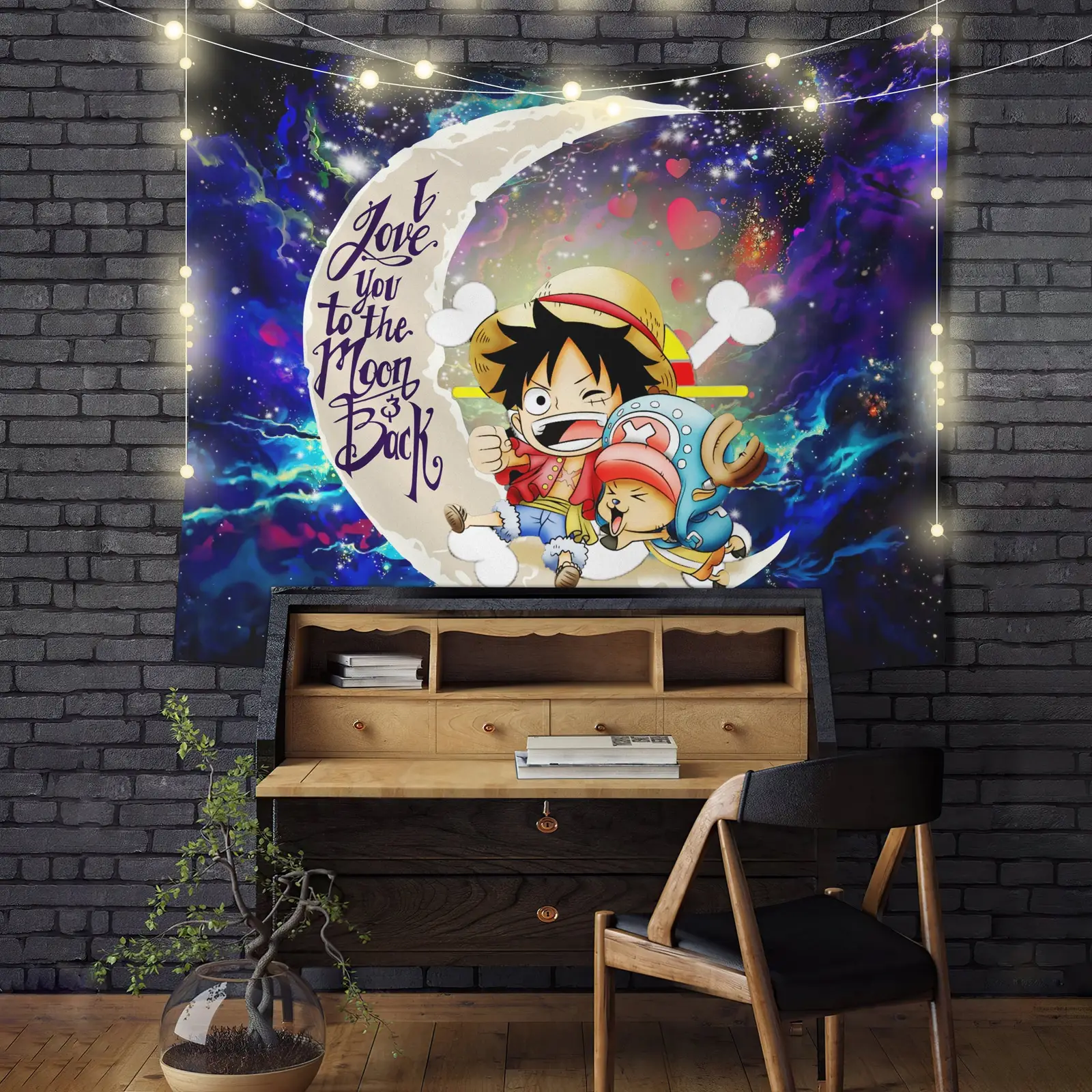 Chibi Luffy And Chopper One Piece Anime Love You To The Moon Galaxy Tapestry Room Decor