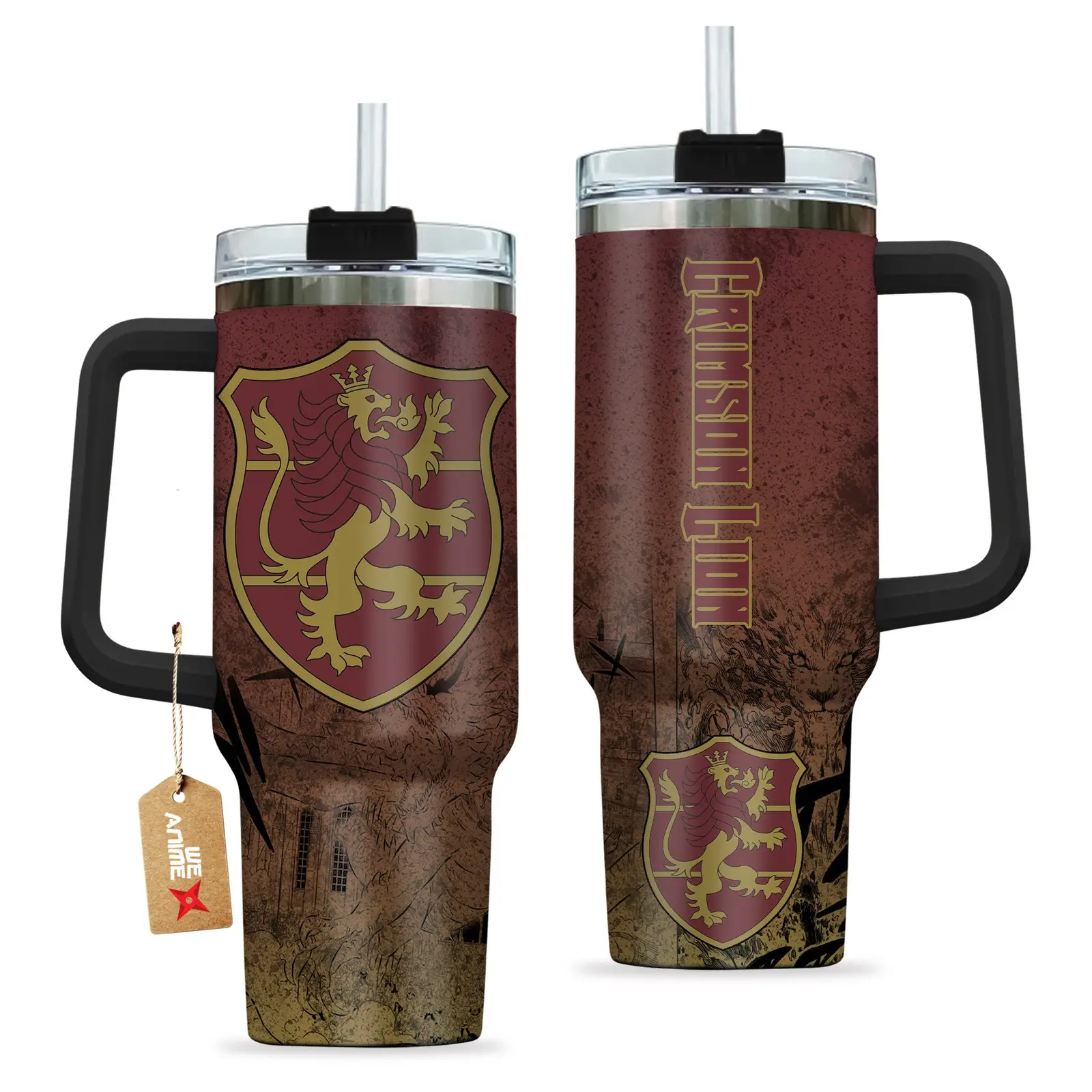 Crimson Lion Symbowll Black Cloer Anime Custom  Quencher   40oz Stainless Steel Tumbler With Handle HG