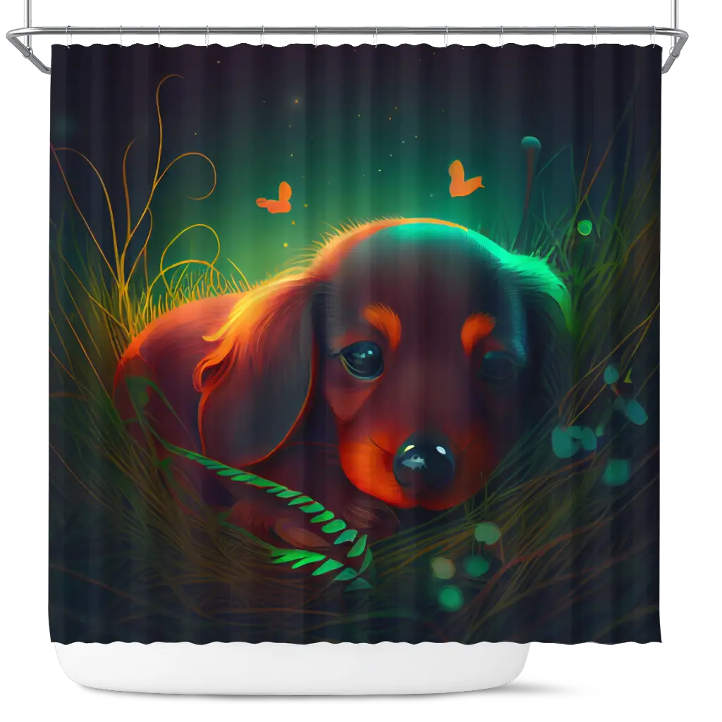 Cute Baby Dachshund Bedded Down In The Grass Shower Curtain