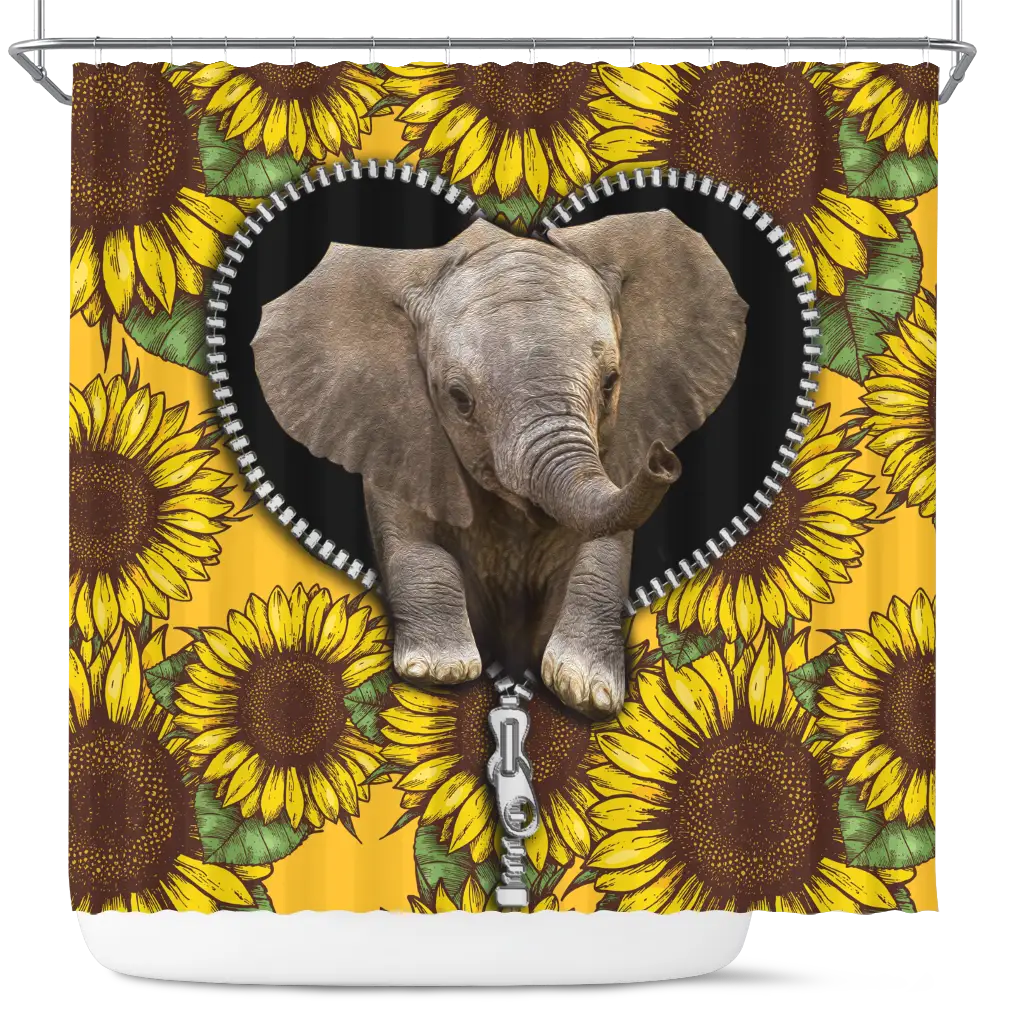 Cute Baby Elephant Sunflower Zipper Shower Curtain