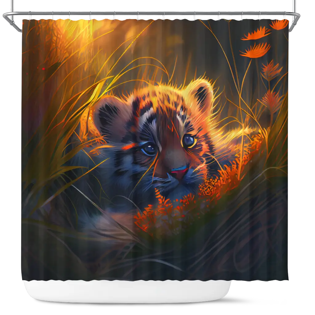 Cute Baby Tiger Bedded Down In The Grass Shower Curtain