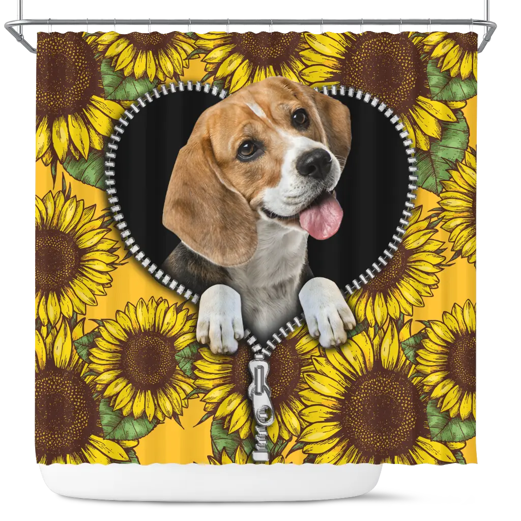 Cute Beagle Dog Sunflower Zipper Shower Curtain